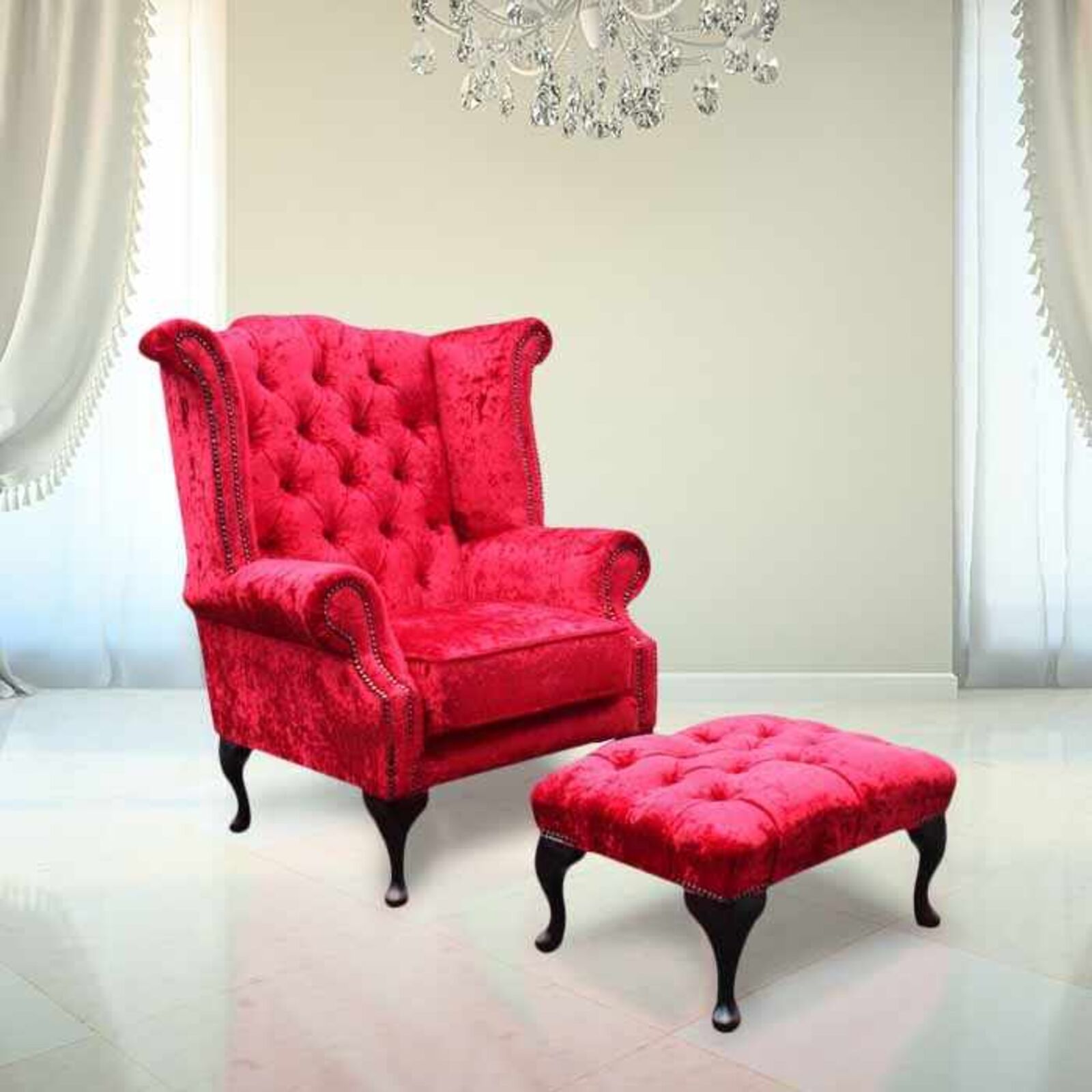 Product photograph of Chesterfield Queen Anne High Back Wing Chair Plush Red Velvet Footstool from Designer Sofas 4U
