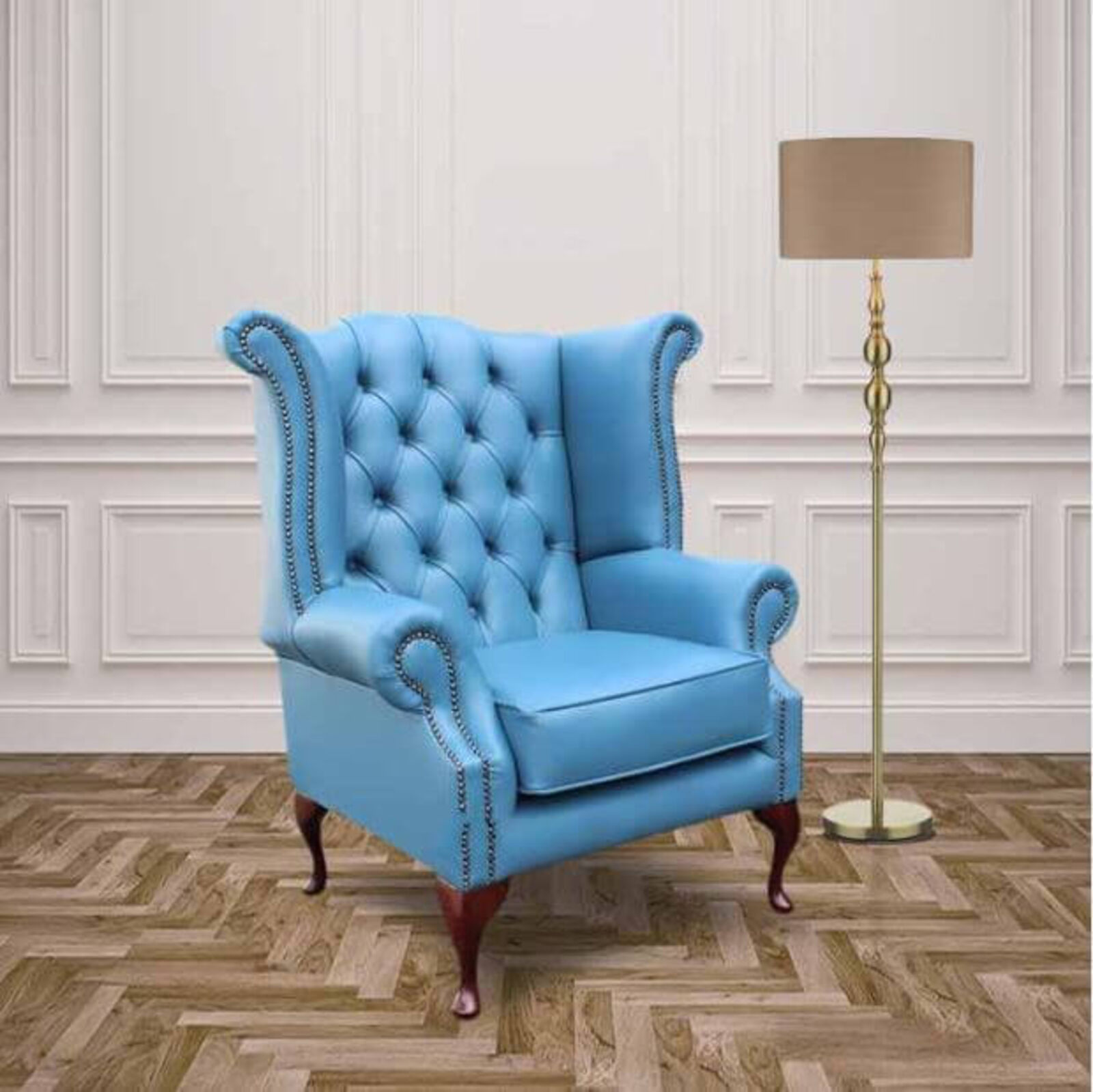 Product photograph of Chesterfield Queen Anne High Back Wing Chair Soft Vele Cambridge Blue Leather from Designer Sofas 4U