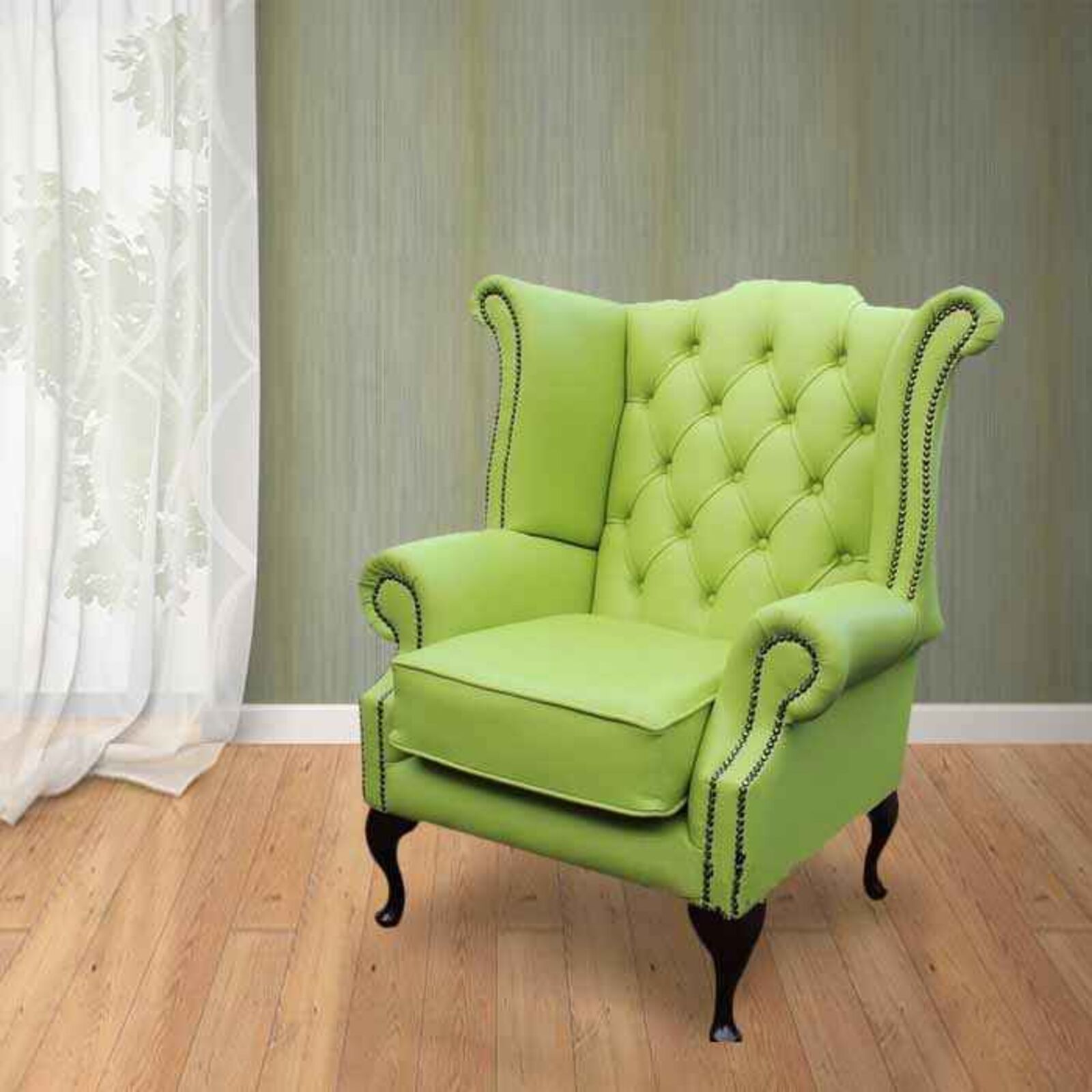 Product photograph of Chesterfield Queen Anne High Back Wing Chair Uk Manufactured Melon from Designer Sofas 4U