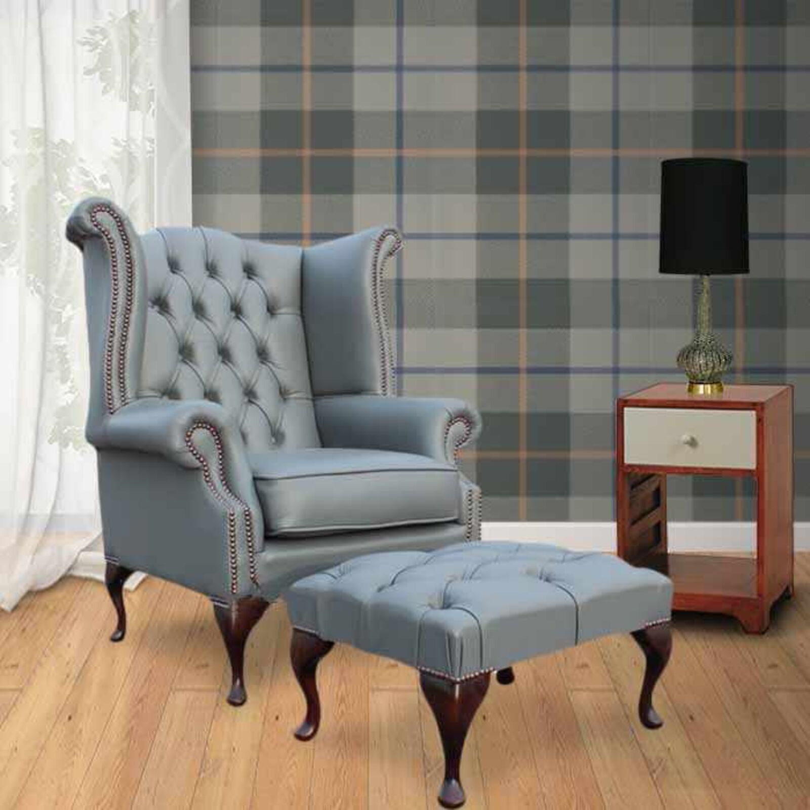Product photograph of Chesterfield Queen Anne High Back Wing Chair Uk Manufactured Vele Soft Iron Grey Leather With Matching Footstool from Designer Sofas 4U