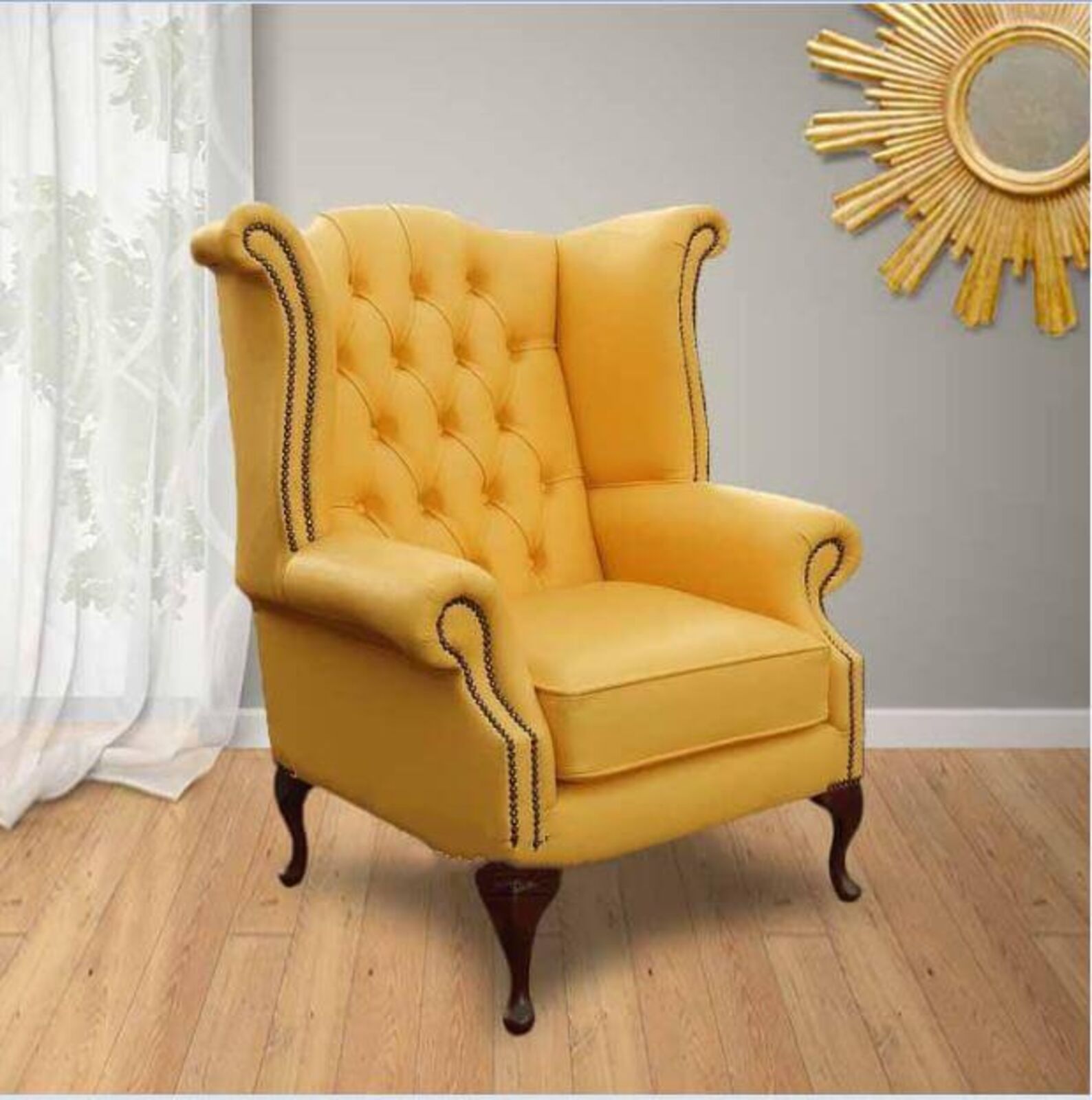 Product photograph of Chesterfield Queen Anne High Back Wing Chair Uk Manufactured Yellow from Designer Sofas 4U