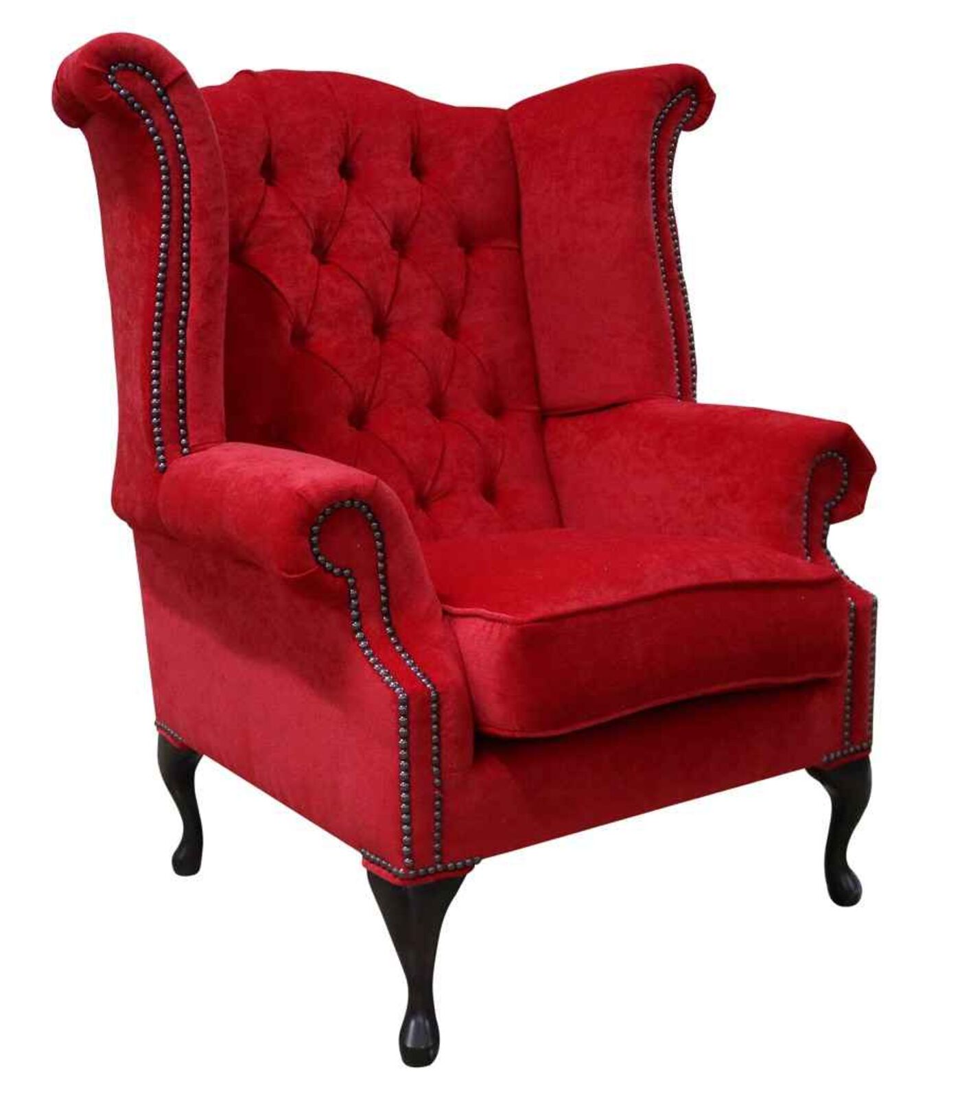 Product photograph of Chesterfield Fabric Queen Anne High Back Wing Chair Pimlico Rouge Red from Designer Sofas 4U