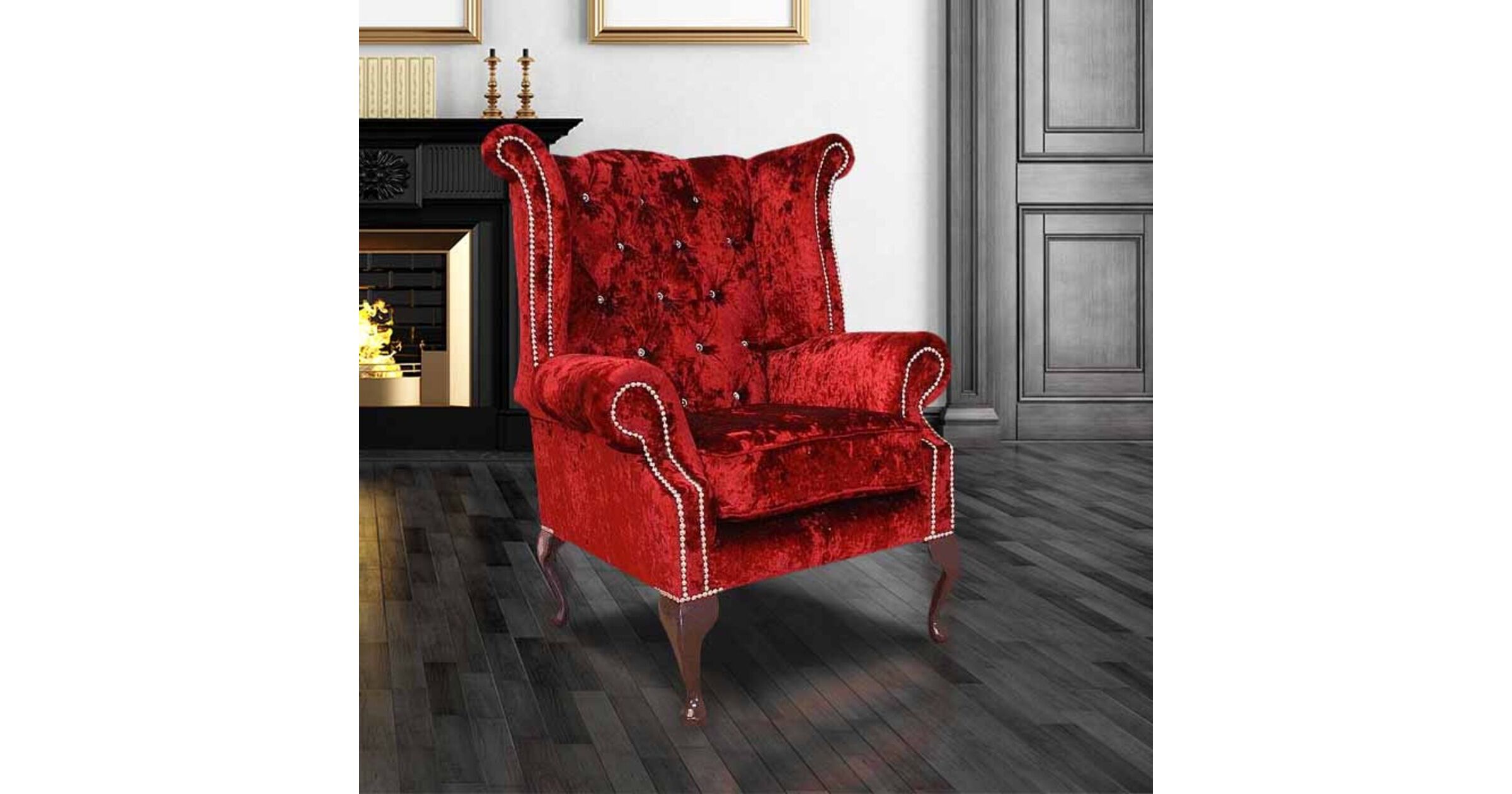 Wine Velvet Chesterfield Crystal Wing Chair Designersofas4u