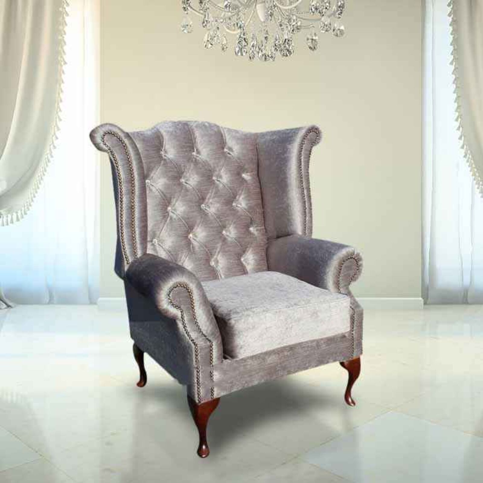 Product photograph of Chesterfield Crystal Queen Anne High Back Wing Chair Belvedere Pewter Grey Velvet from Designer Sofas 4U