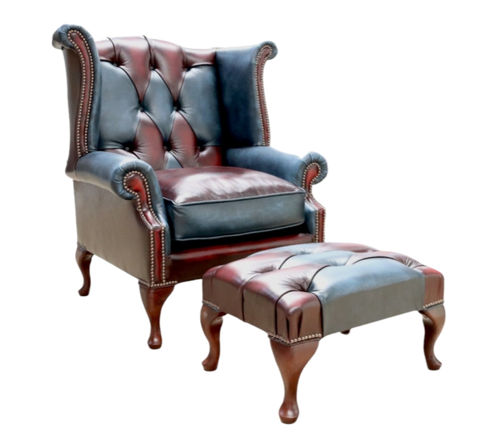 Product photograph of Duke Patchwork Timeless Chesterfield Queen Anne High Back Wing Chair Antique Leather Footstool from Designer Sofas 4U