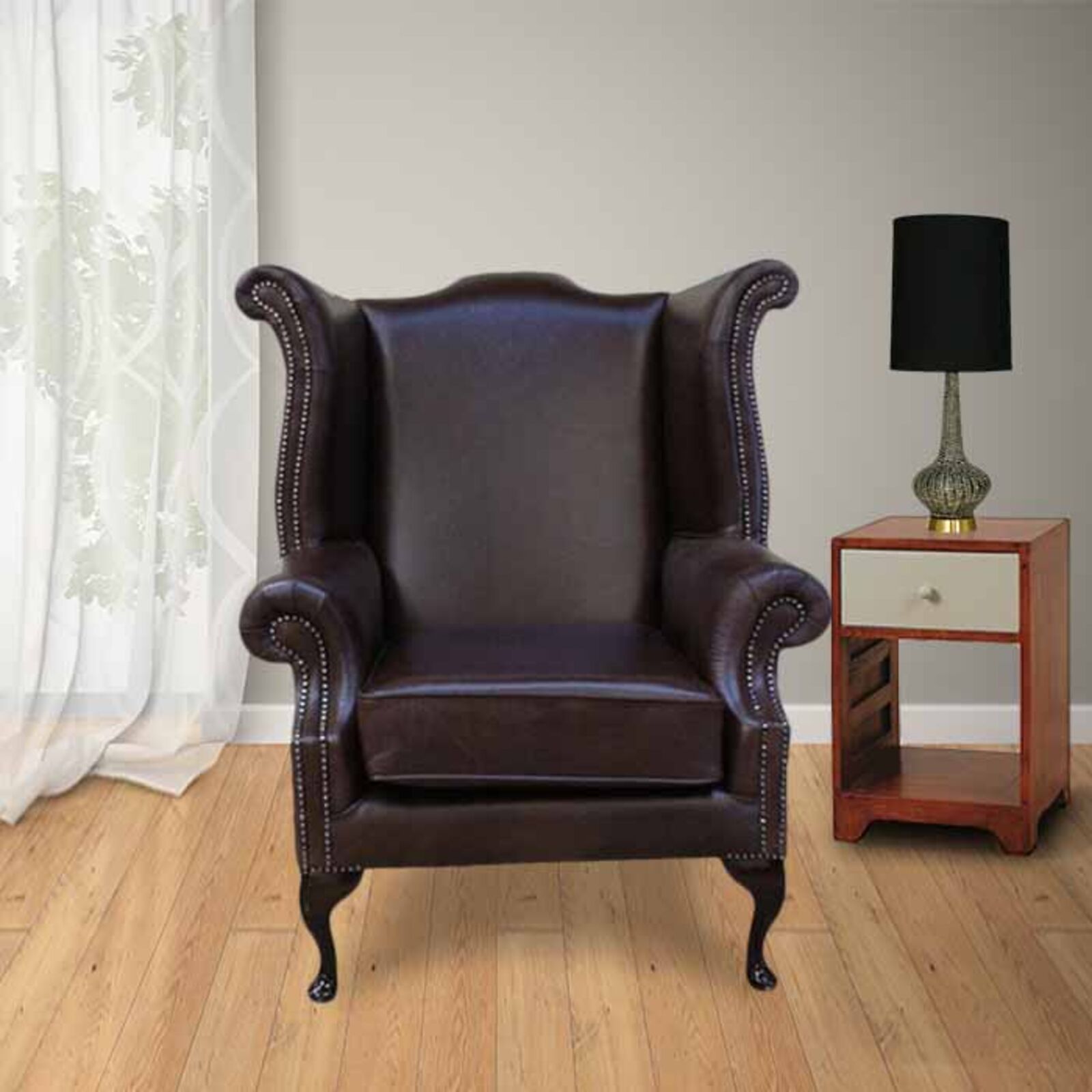 Product photograph of Saxon Chesterfield Queen Anne High Back Wing Chair Old English Red Brown from Designer Sofas 4U