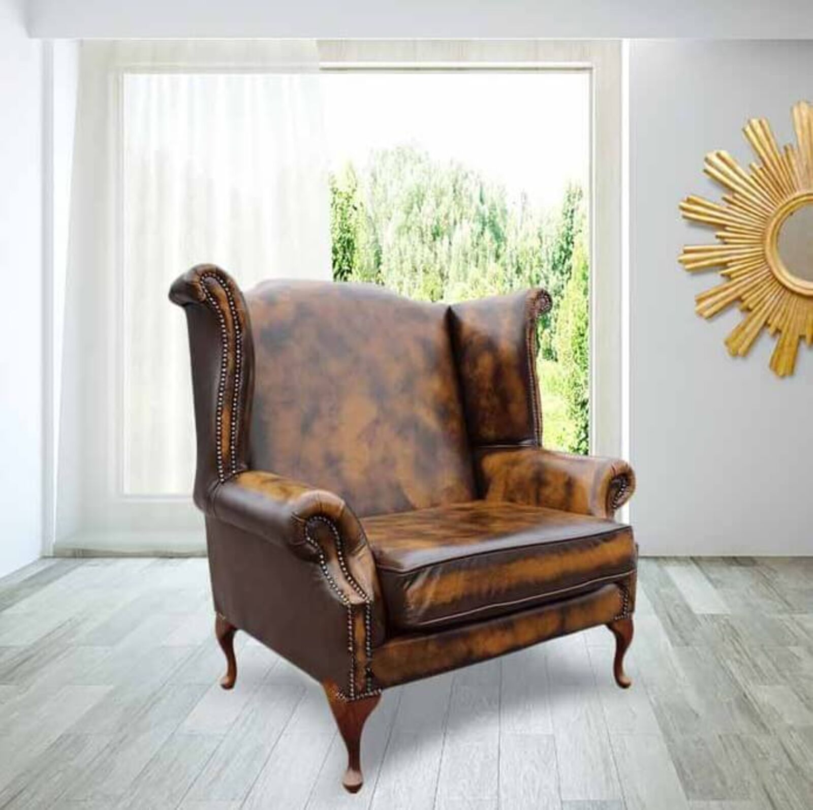 Product photograph of Saxon Xl Classic Chesterfield Queen Anne High Back Wing Chair Antique Tan Leather from Designer Sofas 4U