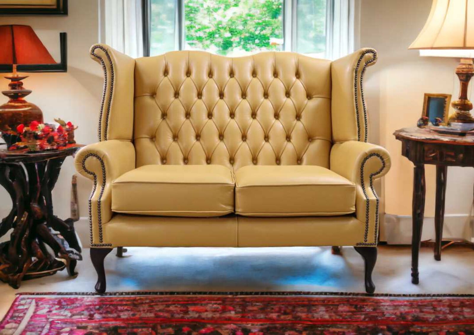 Product photograph of Chesterfield 2 Seater Queen Anne High Back Wing Sofa Hemmingway Mustard Seed Leather from Designer Sofas 4U
