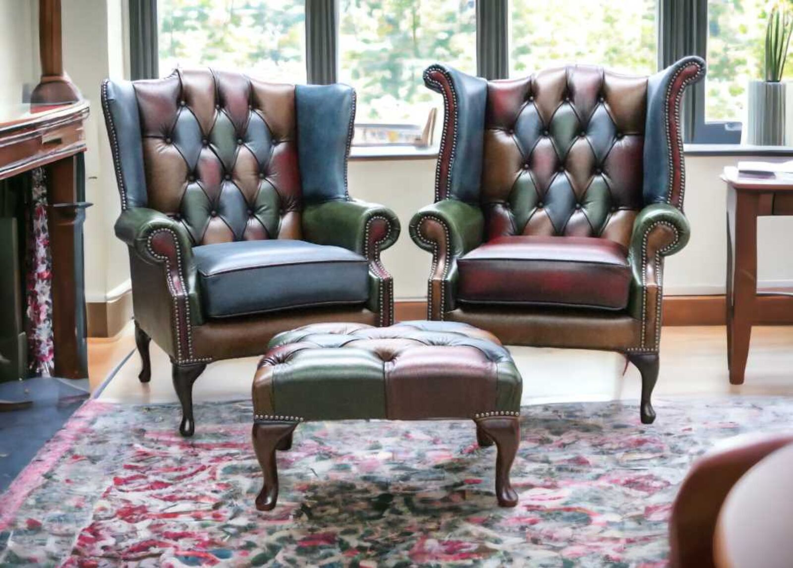 Product photograph of Pair Of Chesterfield Patchwork Queen Anne Wing Chairs Antique Real Leather from Designer Sofas 4U