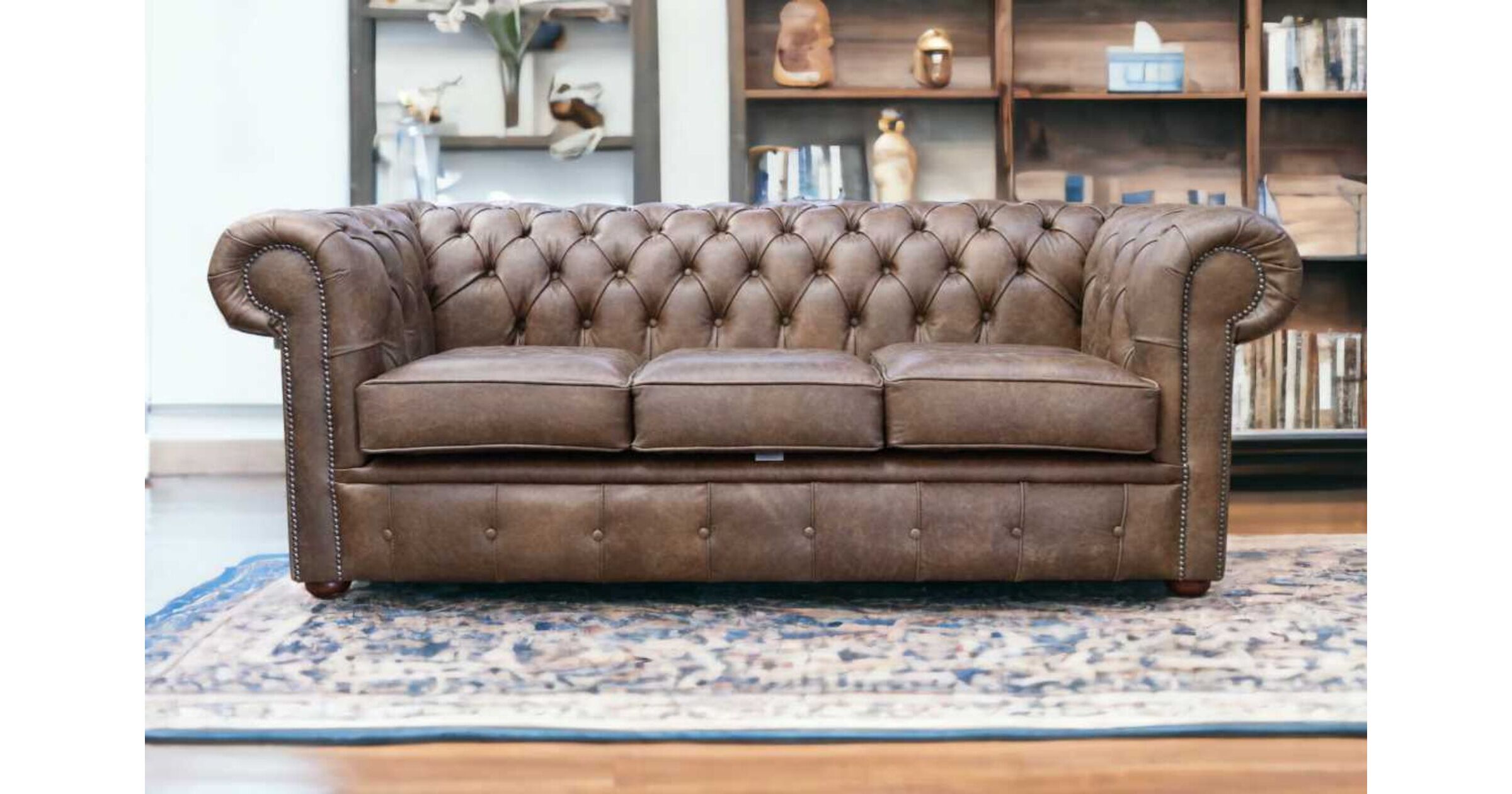 Luxury Chesterfield 3 Seater Settee Cracked Wax Brown Leather Sofa