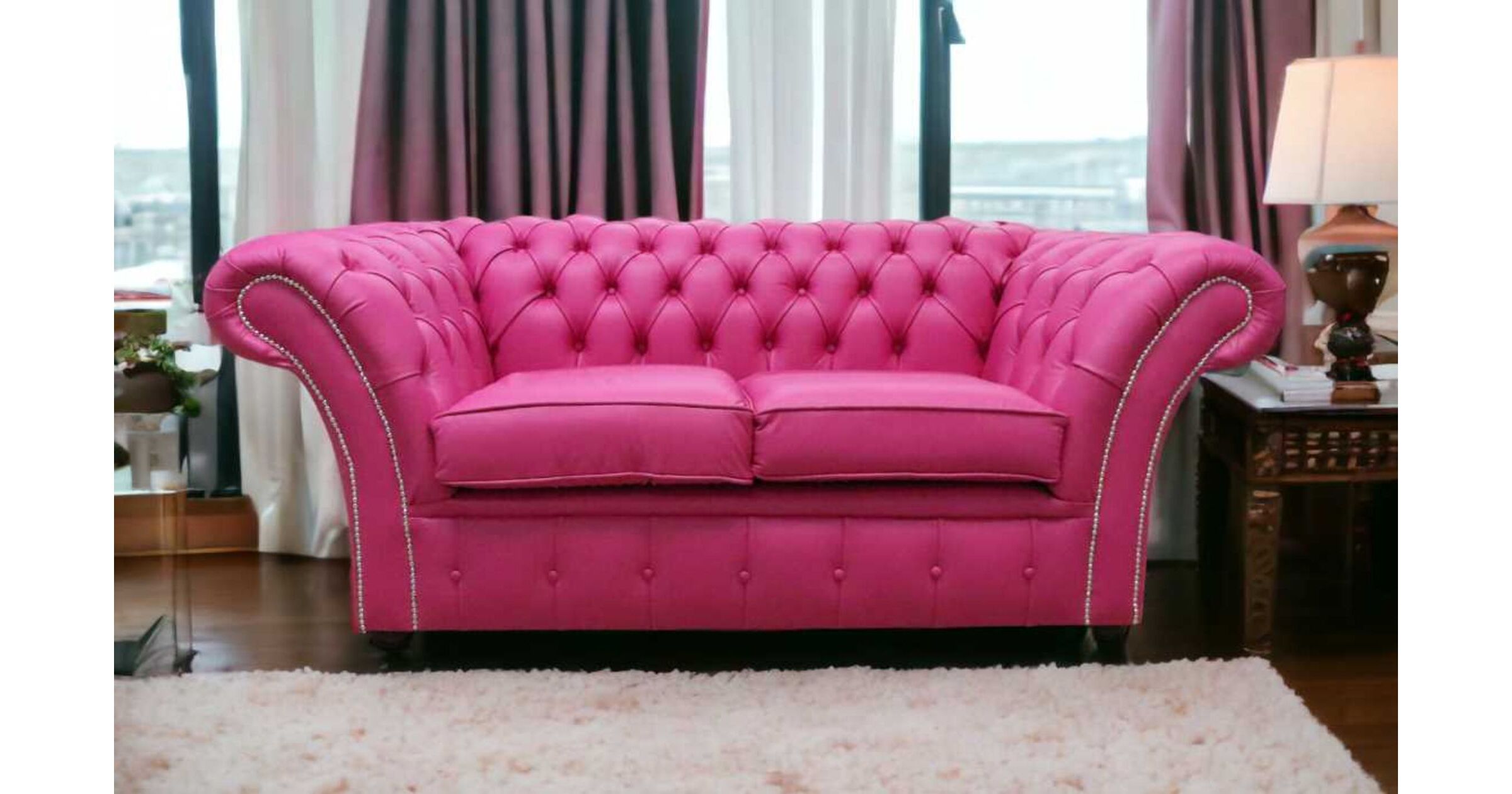 Vele Fuchsia Pink Leather Chesterfield Balmoral 2 Seater Sofa