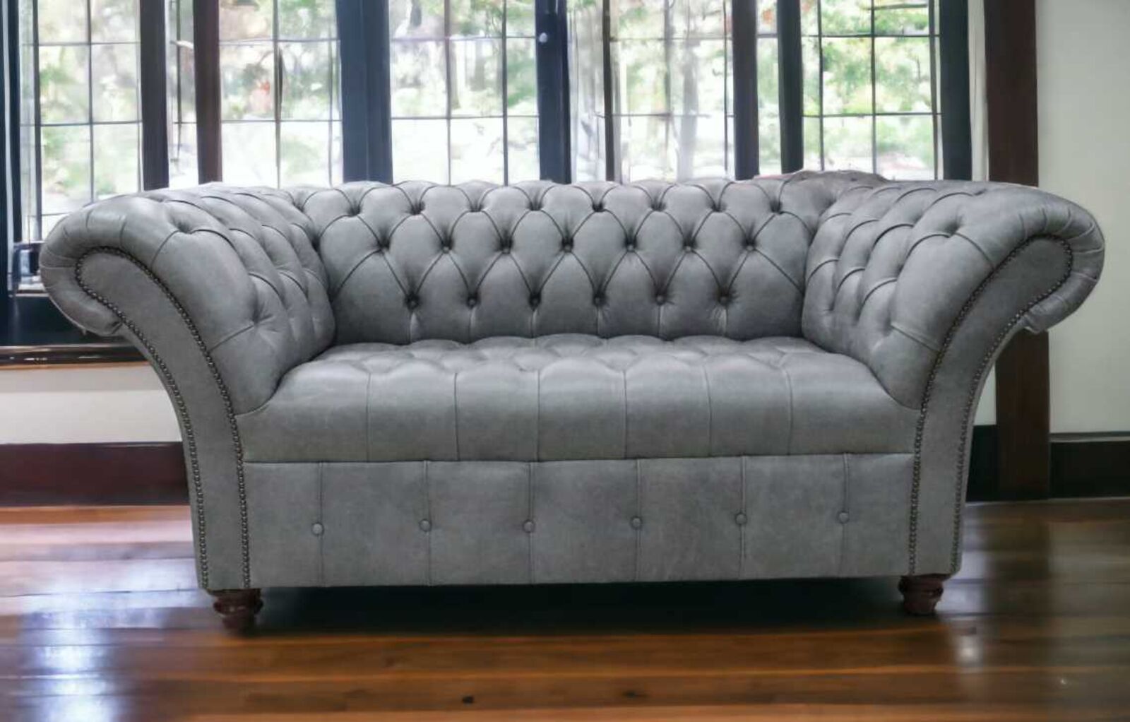 Product photograph of Chesterfield Balmoral Graduate 2 Seater Buttoned Seat Sofa Vintage Cracked Wax Ash Grey Leather from Designer Sofas 4U