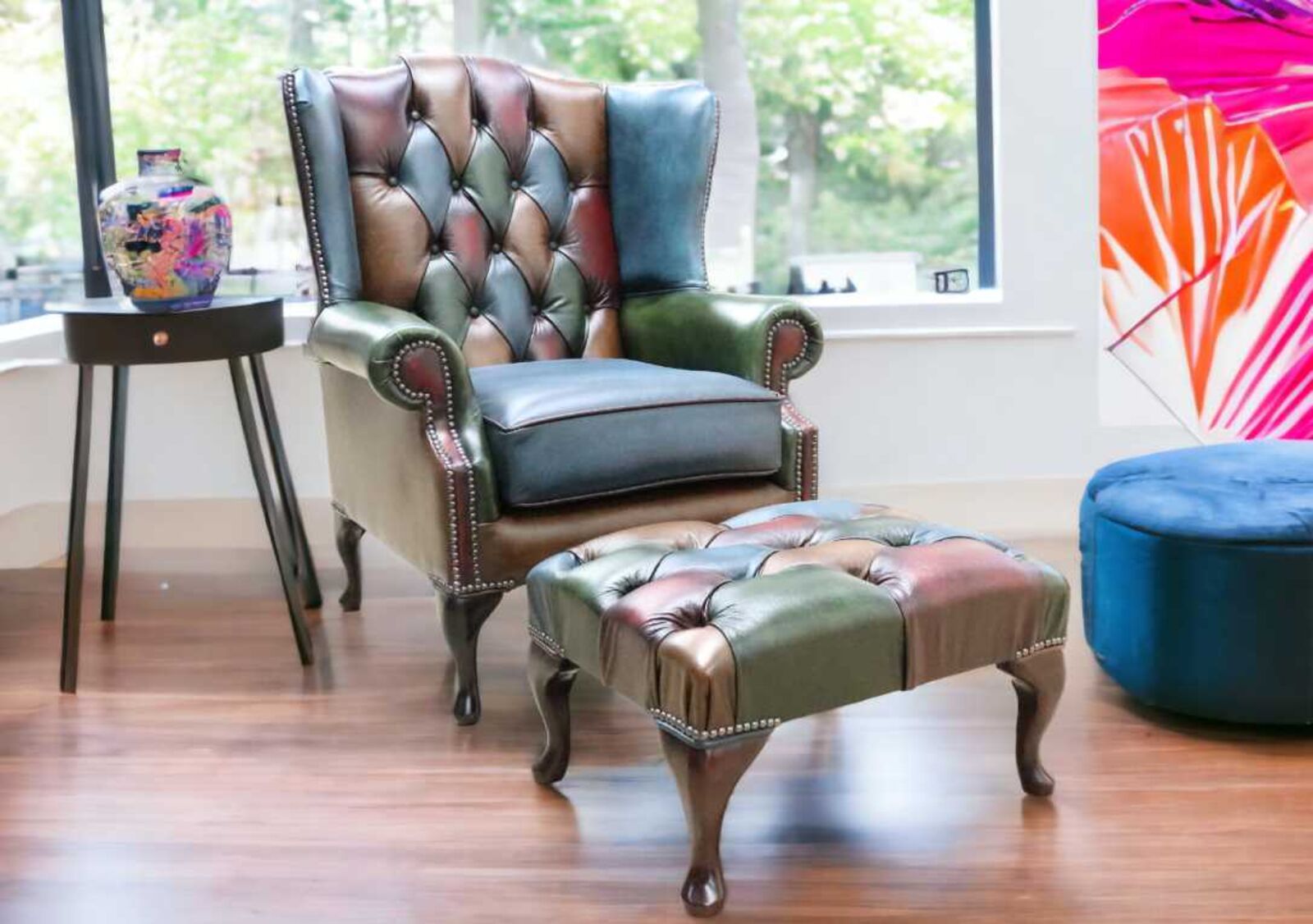 Product photograph of Chesterfield Bloomsbury Patchwork Queen Anne Wing Chair Antique Real Leather Footstool from Designer Sofas 4U