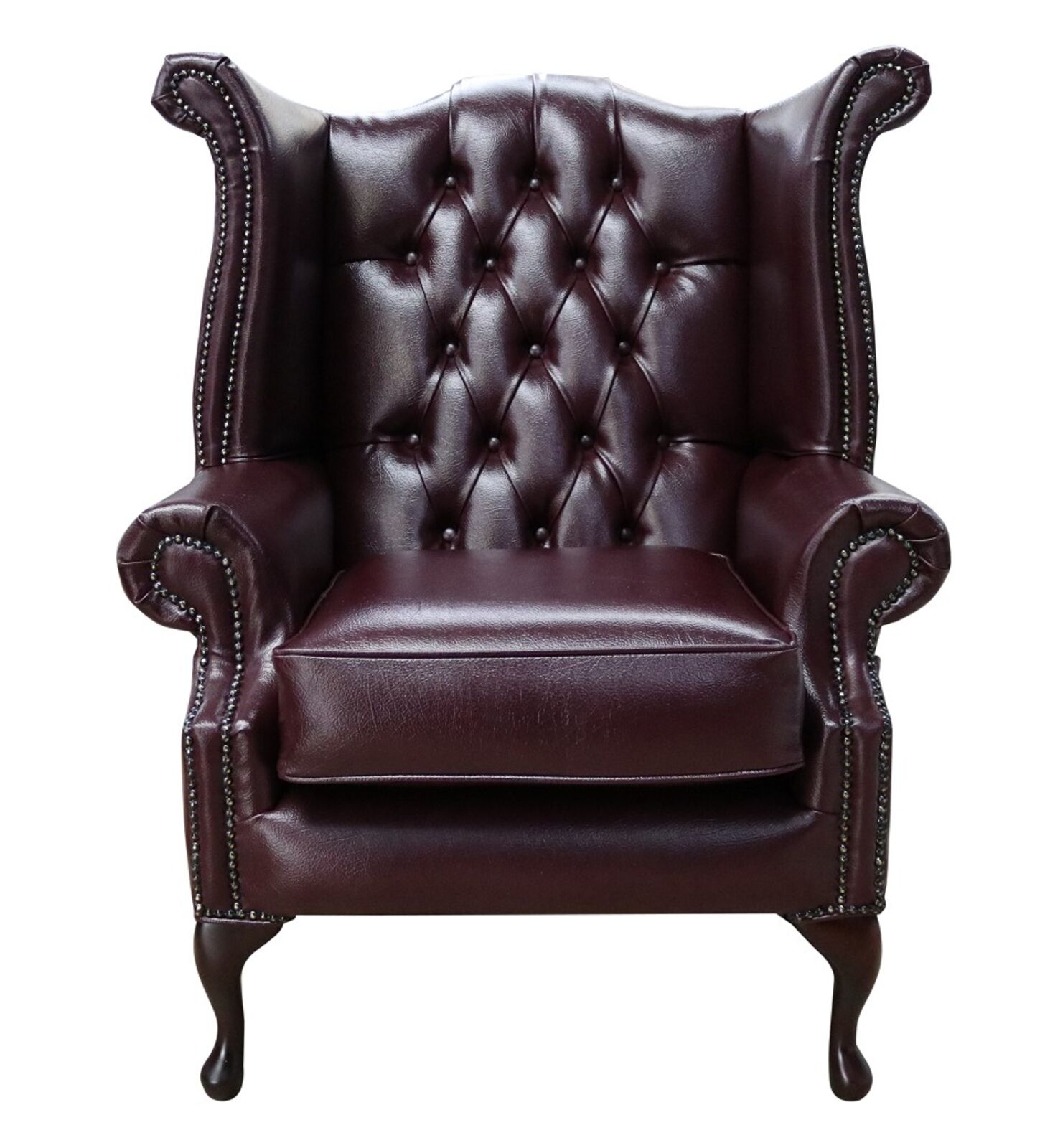 Product photograph of Chesterfield Handmade Queen Anne Wing Chair Bonded Burgandy Leather from Designer Sofas 4U