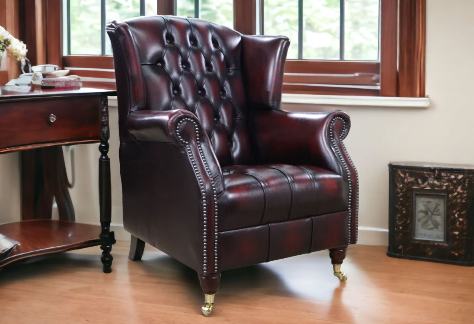 Product photograph of Southwold Chesterfield Buttoned Wing Chair Fireside High Back Leather Armchair Antique Oxblood Leather from Designer Sofas 4U