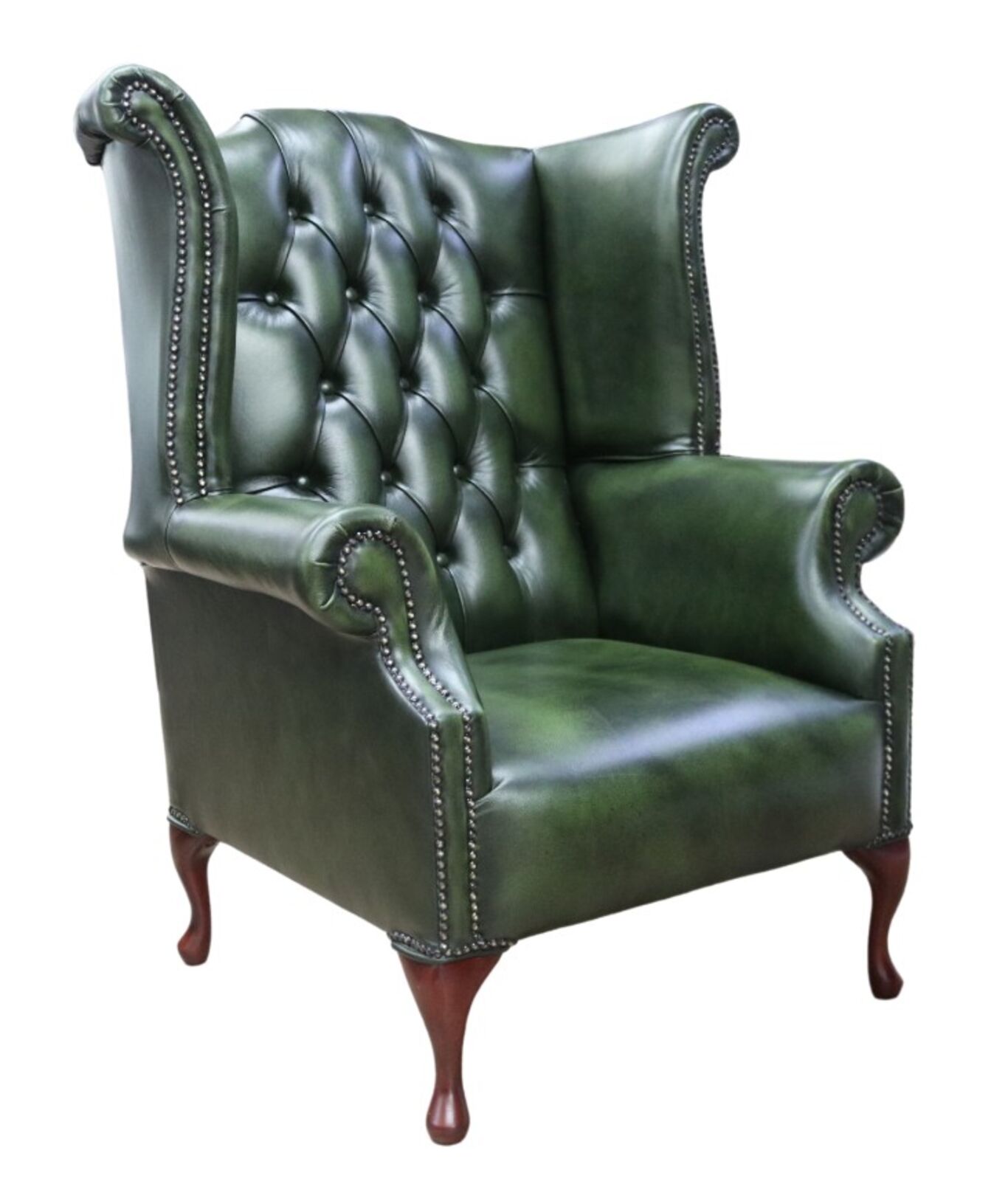 Product photograph of Chesterfield 1780 S Queen Anne High Back Wing Chair Antique Green Leather from Designer Sofas 4U