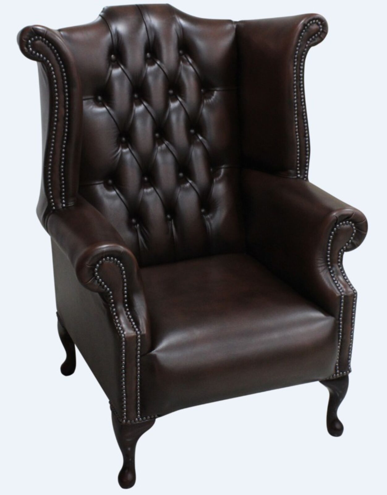 Product photograph of Chesterfield 1780 S Queen Anne High Back Wing Chair Antique Brown Leather from Designer Sofas 4U