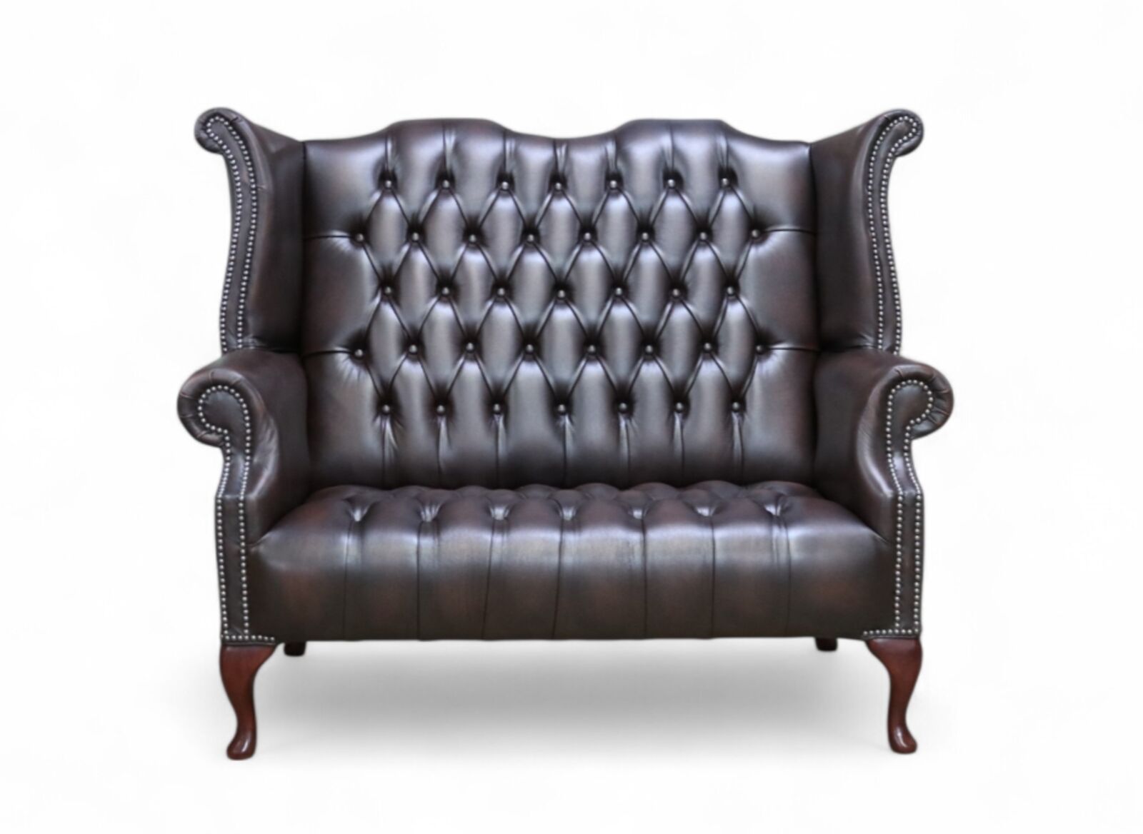 Product photograph of Chesterfield 2 Seater Antique Brown Leather Queen Anne Buttoned Seat High Back Wing Sofa from Designer Sofas 4U