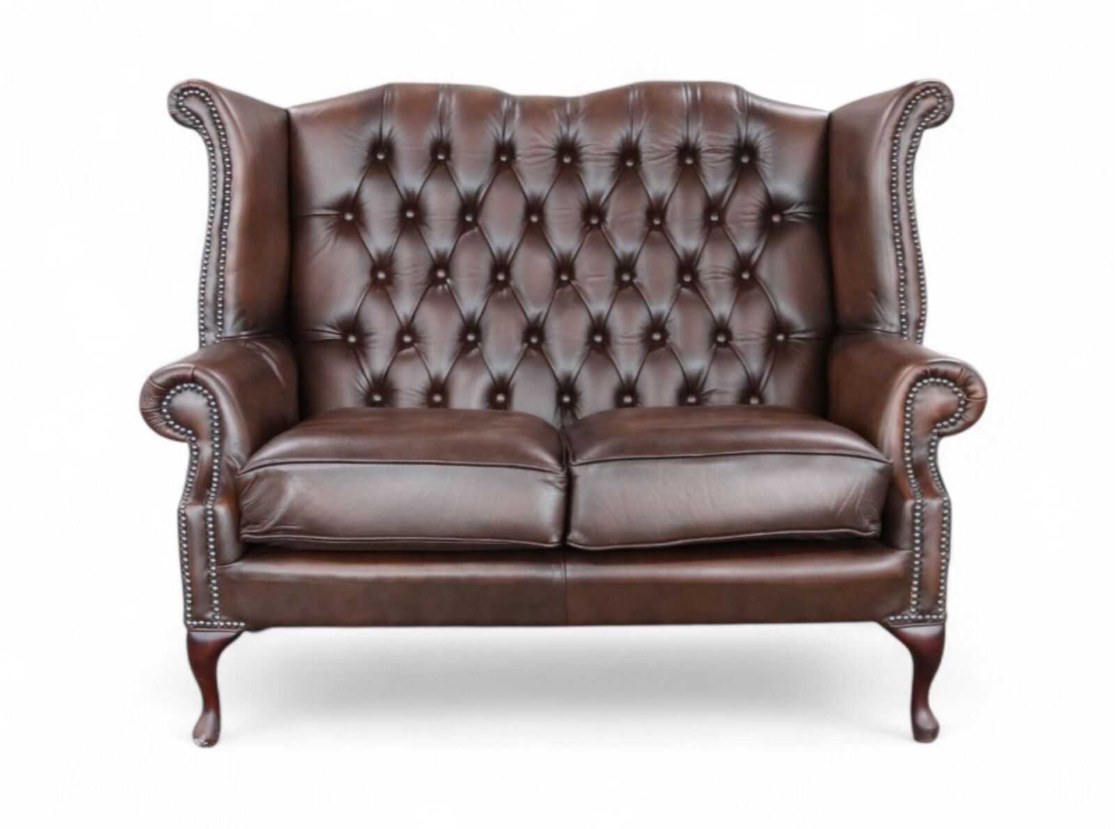 Product photograph of Chesterfield 2 Seater Antique Brown Leather Queen Anne High Back Wing Sofa from Designer Sofas 4U