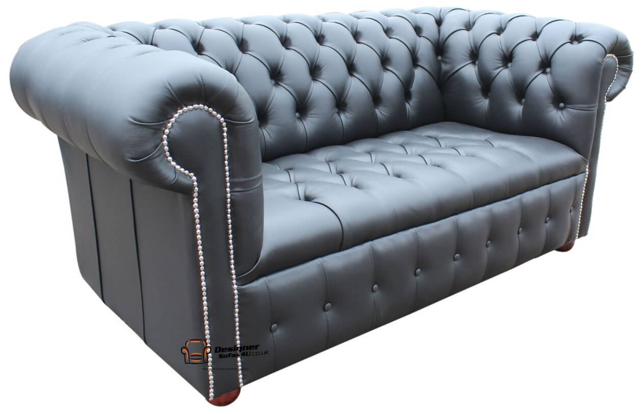 Samengroeiing periode De layout Chesterfield Edwardian 2 Seater Settee Sofa Buttoned Seat Black Real  Leather Silver Studding | Designer Sofas4u