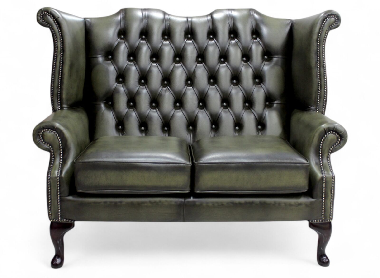 Product photograph of Chesterfield 2 Seater Queen Anne High Back Wing Sofa Antique Olive Leather from Designer Sofas 4U