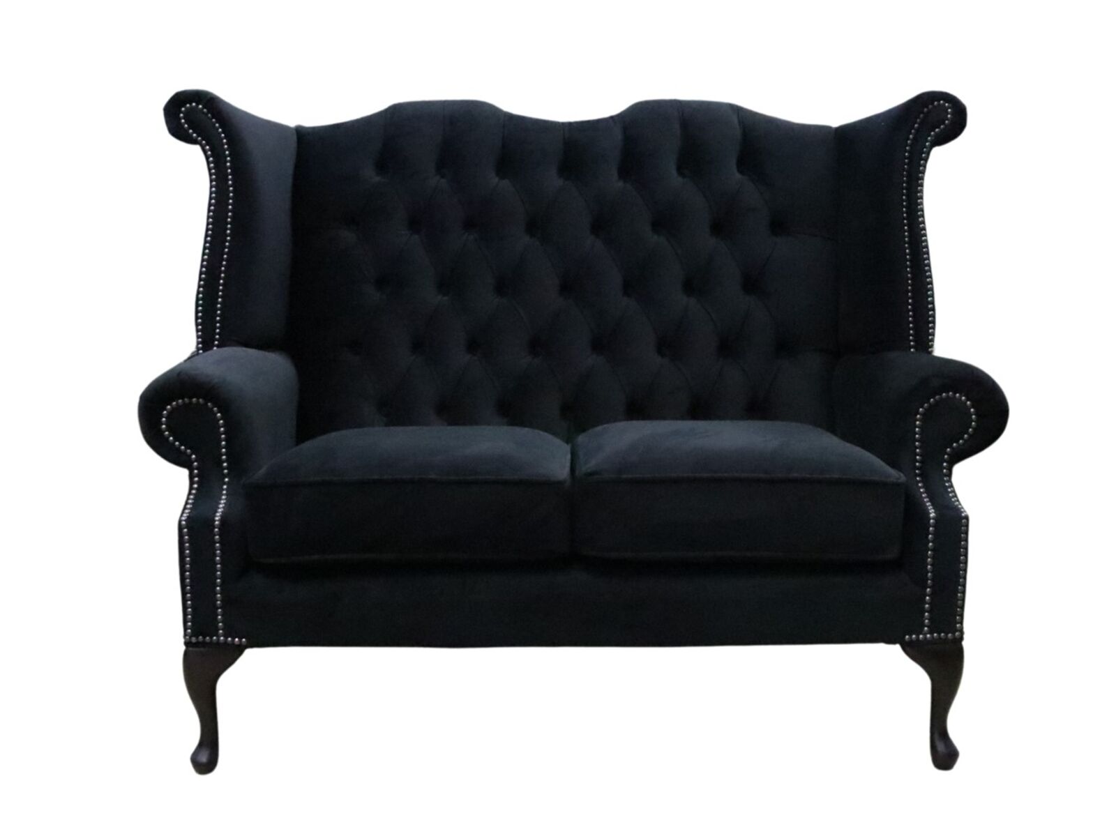 Product photograph of Chesterfield 2 Seater Queen Anne High Back Wing Sofa Chair Amalfi Black Velvet from Designer Sofas 4U