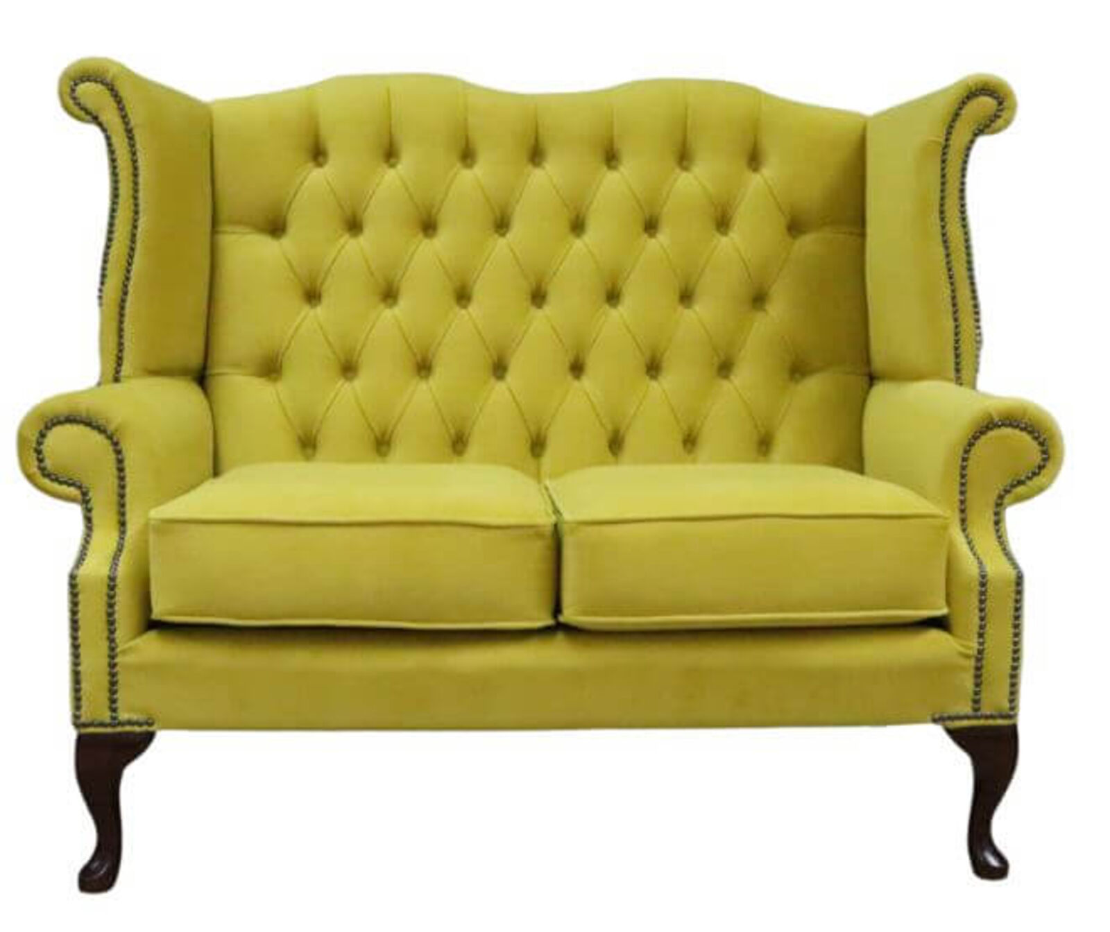 Product photograph of Chesterfield 2 Seater Queen Anne High Back Wing Sofa Chair Amalfi Buttercup Velvet from Designer Sofas 4U