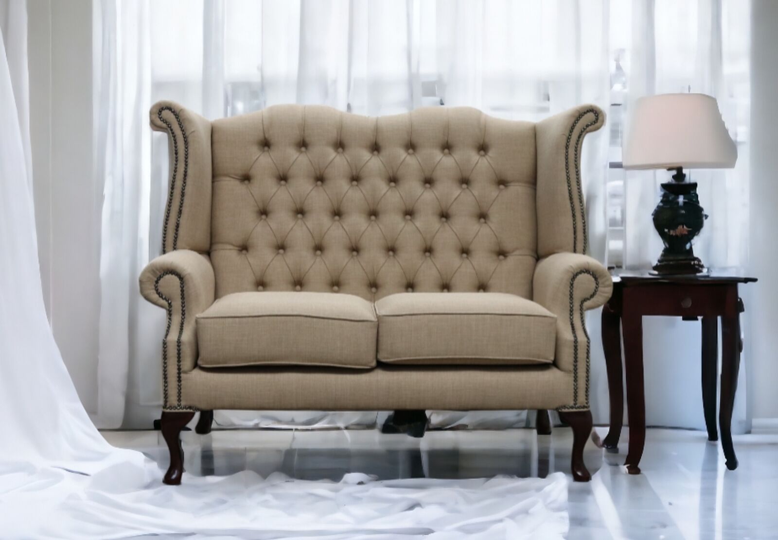 Product photograph of Chesterfield 2 Seater Queen Anne High Back Wing Sofa Charles Mink Linen Fabric from Designer Sofas 4U