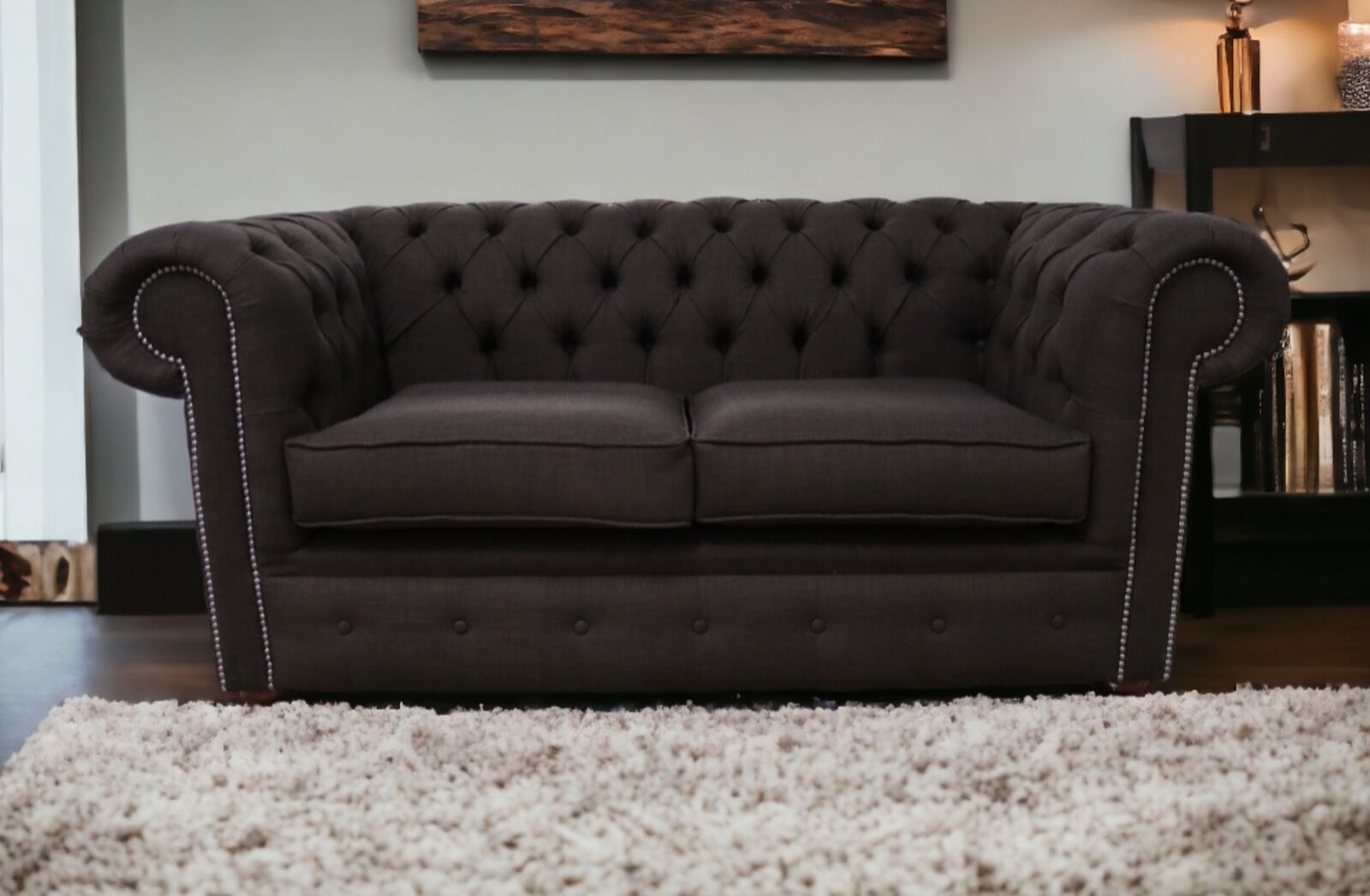 Product photograph of Chesterfield 2 Seater Settee Charles Linen Sandlewood Brown Sofa Offer from Designer Sofas 4U