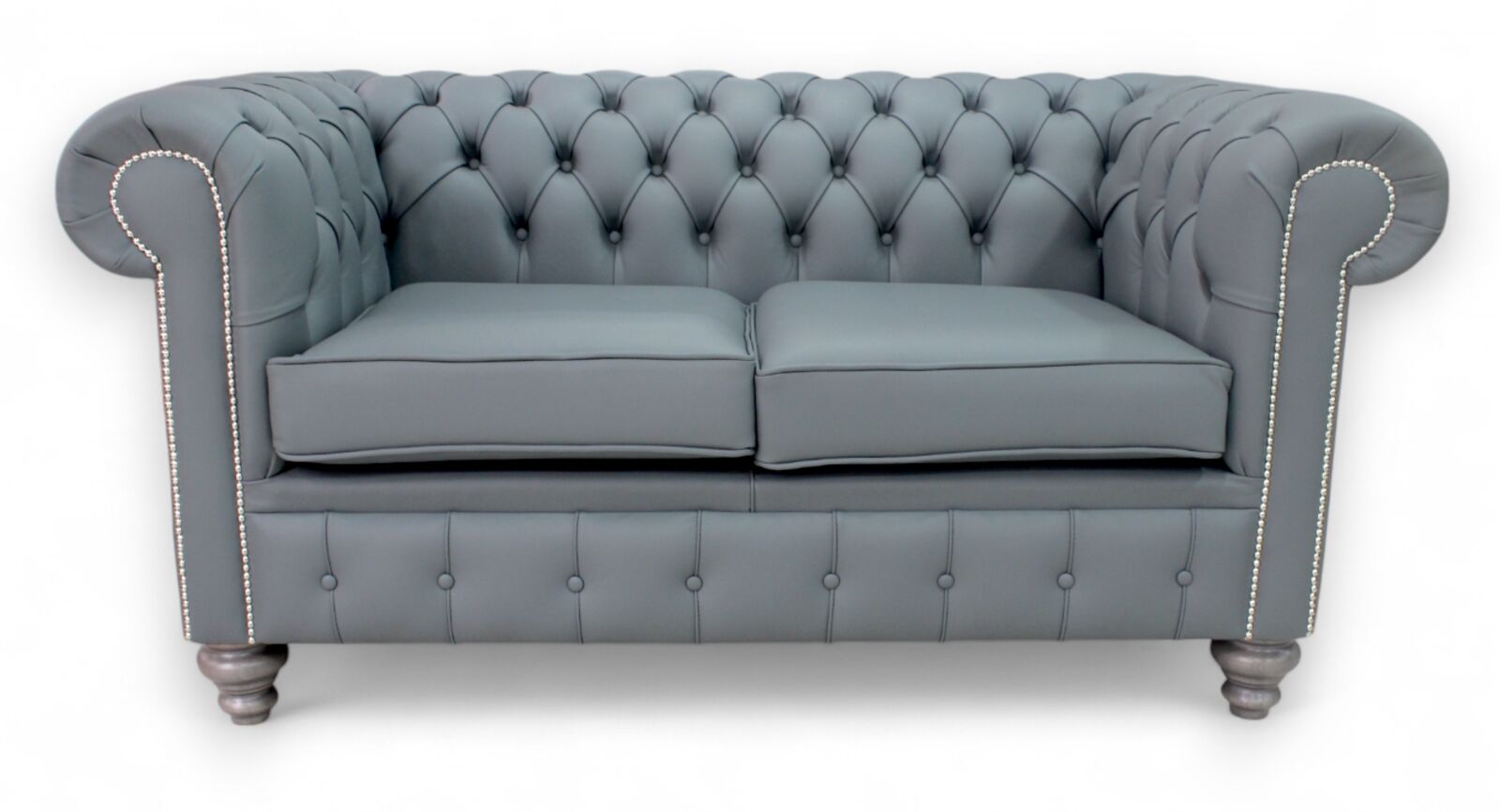 Product photograph of Chesterfield 2 Seater Shelly Piping Grey Leather Sofa Offer Grey Feet from Designer Sofas 4U