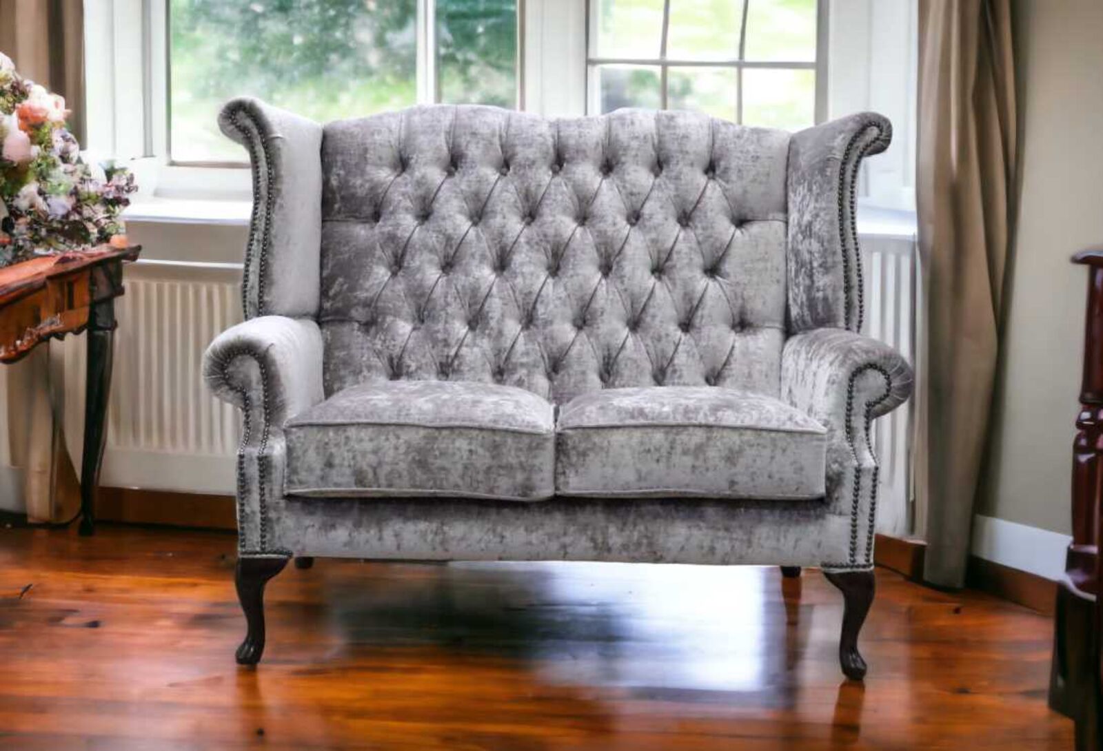 Product photograph of Chesterfield 2 Seater Queen Anne High Back Wing Sofa Chair Modena Lavender Velvet from Designer Sofas 4U