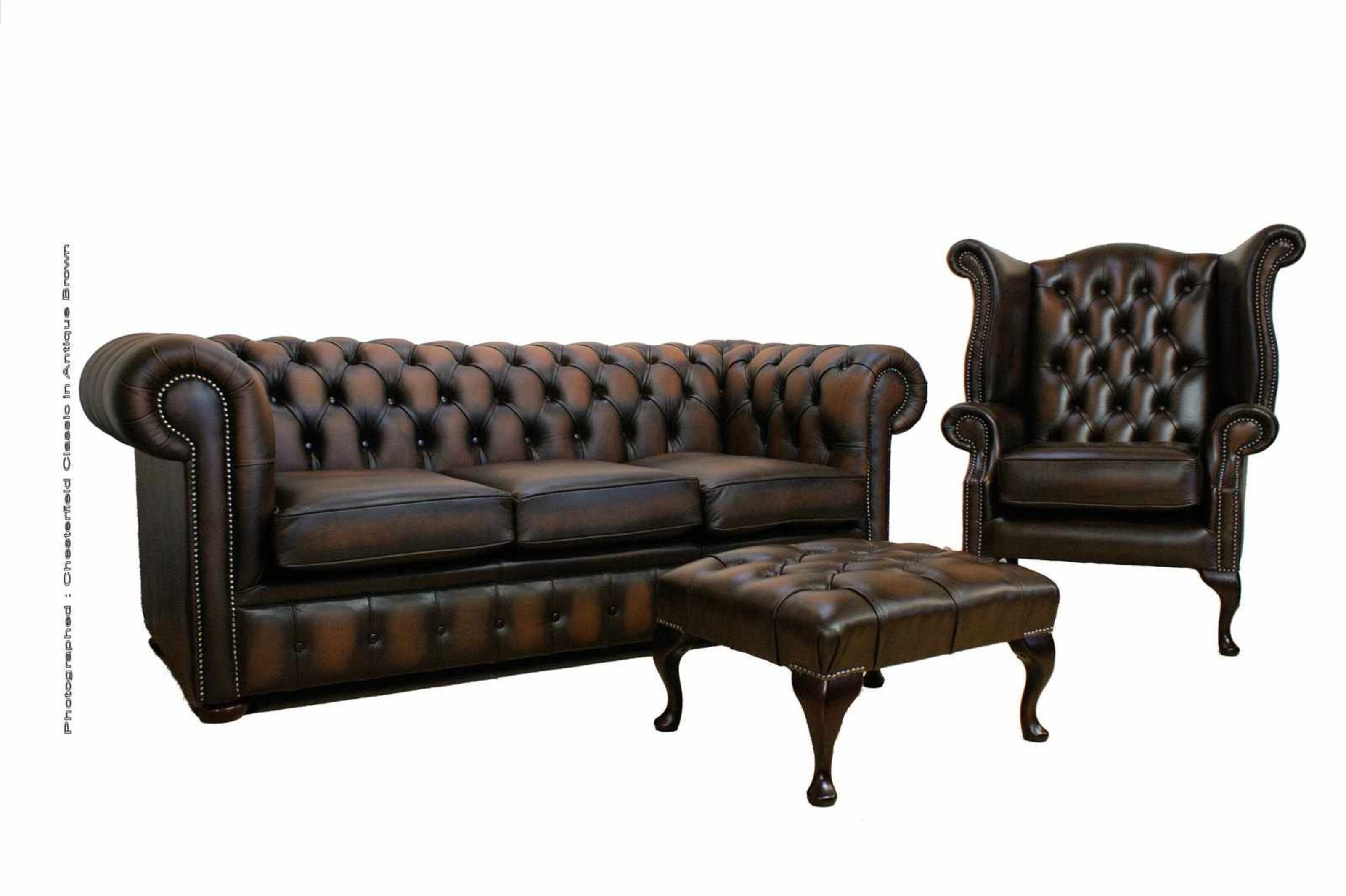 Chesterfield Classic 3+1+Footstool Antique Brown Leather Suite