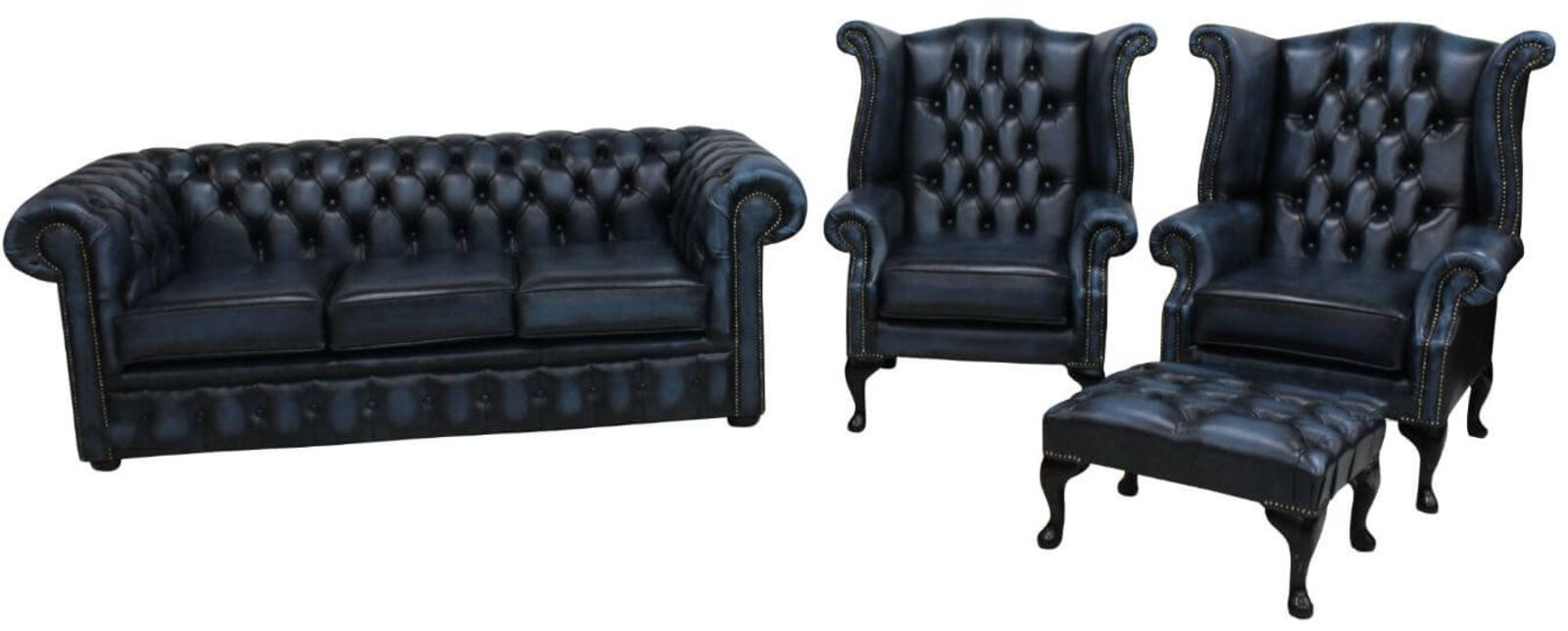 Product photograph of Chesterfield 3 Piece Leather Suite Three Seater Sofa 2 X Queen Anne Wing Chairs Leather Antique Blue Free Matching Footstool from Designer Sofas 4U