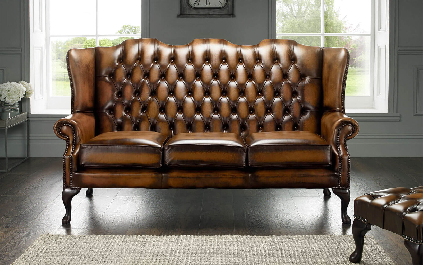 Product photograph of Chesterfield 3 Seater Bloomsbury Queen Anne High Back Wing Sofa Antique Tan Leather from Designer Sofas 4U