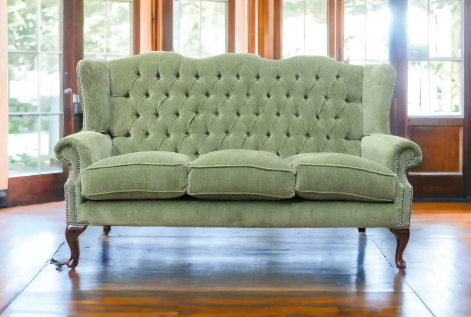 Product photograph of Chesterfield 3 Seater Flat Wing Queen Anne High Back Wing Sofa Chair Aruba Forest Green from Designer Sofas 4U