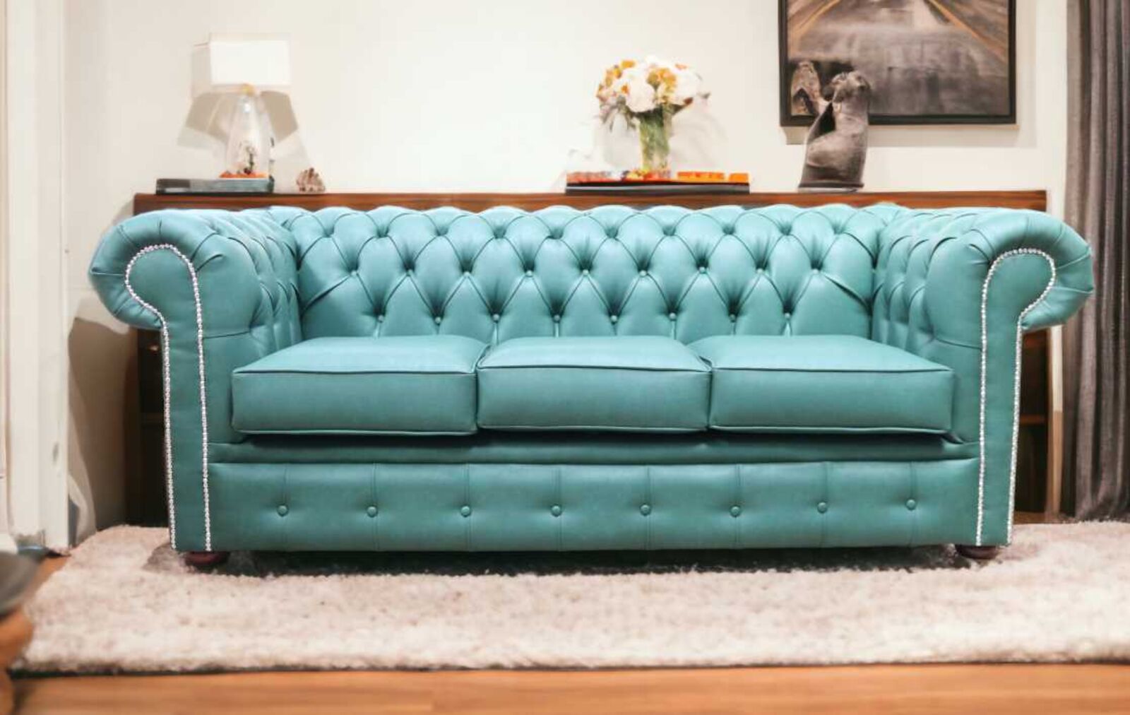 Product photograph of Chesterfield 3 Seater Infinity Racing Green Faux Leather Sofa Offer from Designer Sofas 4U