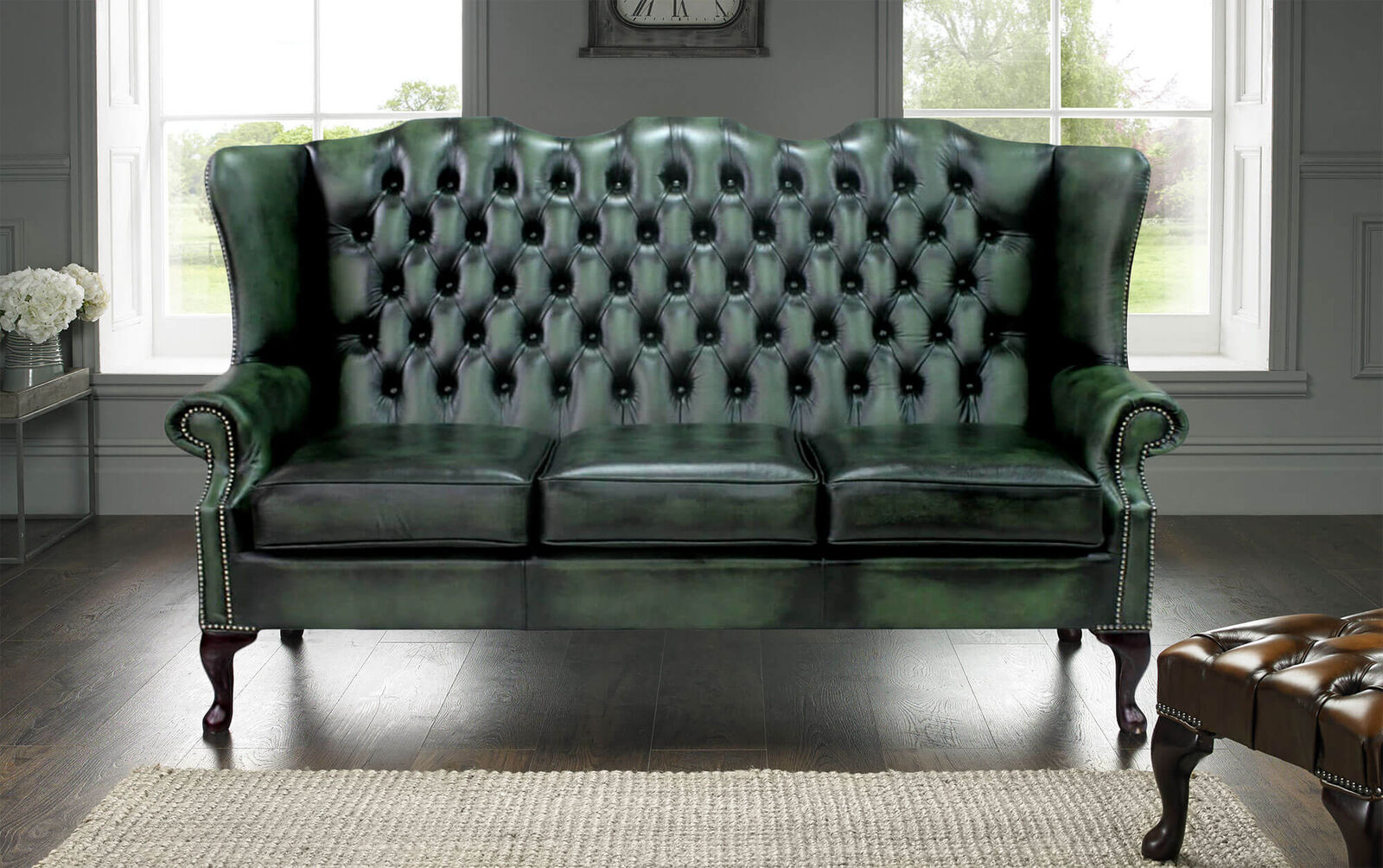 Product photograph of Chesterfield 3 Seater Mallory Queen Anne High Back Wing Sofa Chair Antique Green Real Leather from Designer Sofas 4U