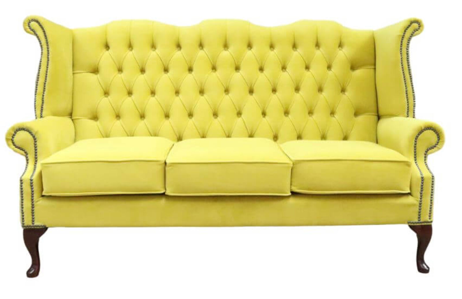 Product photograph of Chesterfield 3 Seater Queen Anne High Back Wing Sofa Chair Amalfi Buttercup Yellow Velvet from Designer Sofas 4U