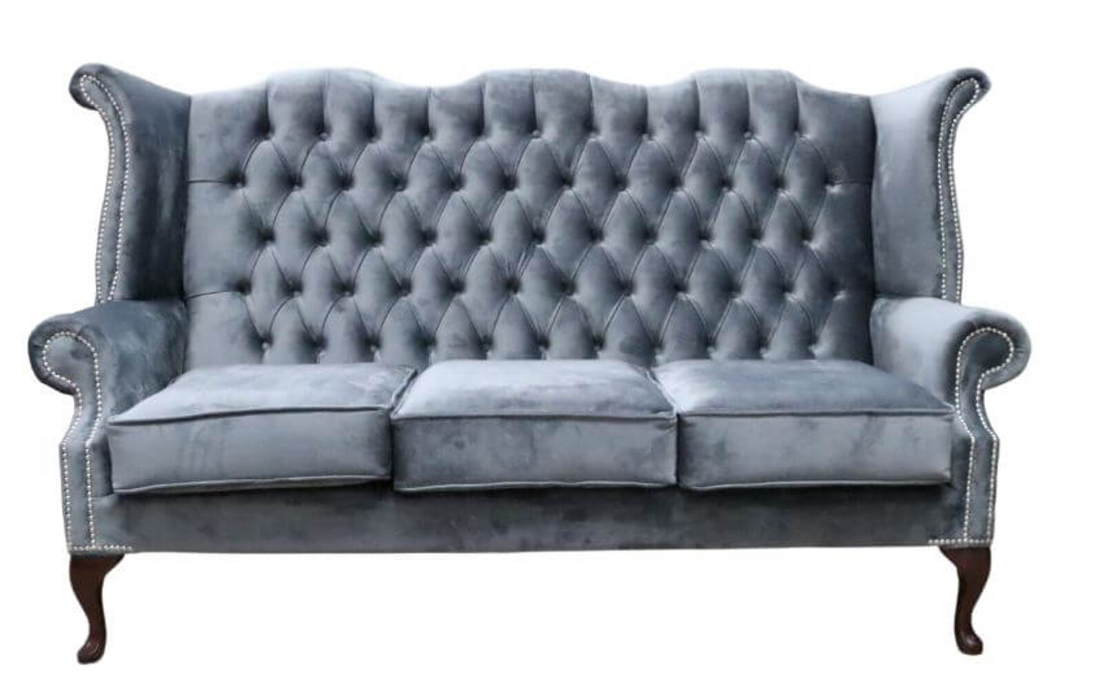 Product photograph of Chesterfield 3 Seater Queen Anne High Back Wing Sofa Chair Amalfi Steel Grey Velvet from Designer Sofas 4U