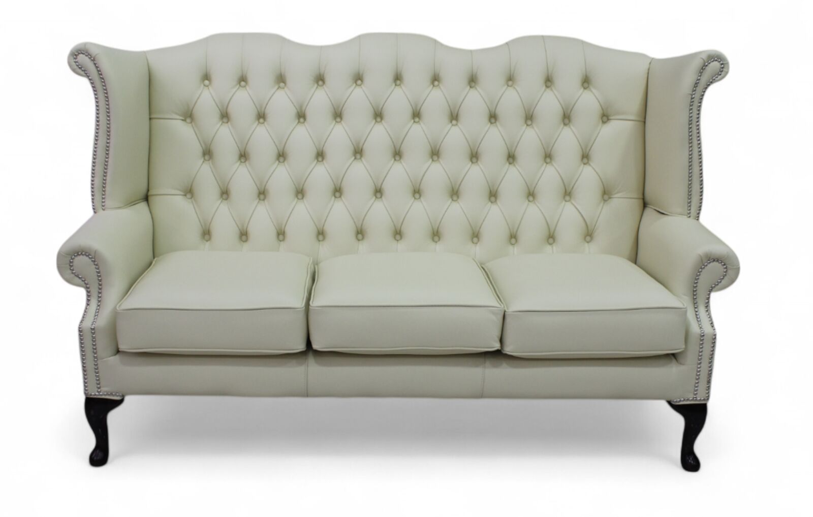 Product photograph of Chesterfield 3 Seater Queen Anne High Back Wing Sofa Cream Leather from Designer Sofas 4U