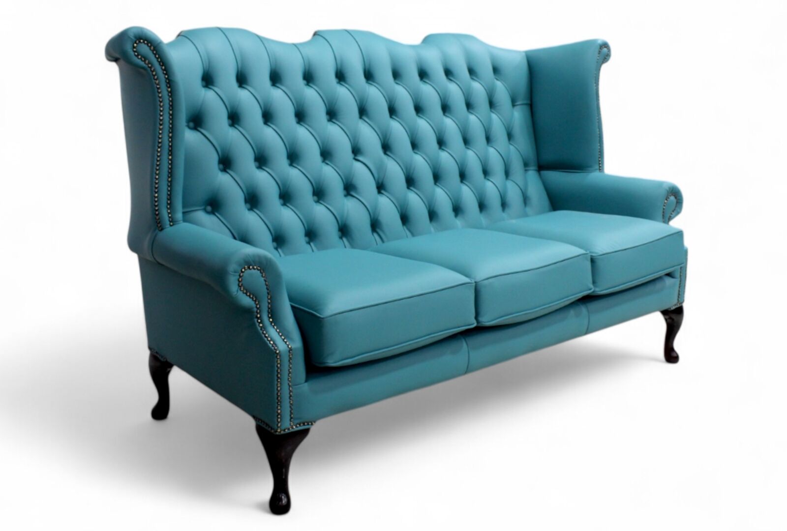 Product photograph of Chesterfield 3 Seater Queen Anne High Back Wing Sofa Dark Teal Leather from Designer Sofas 4U