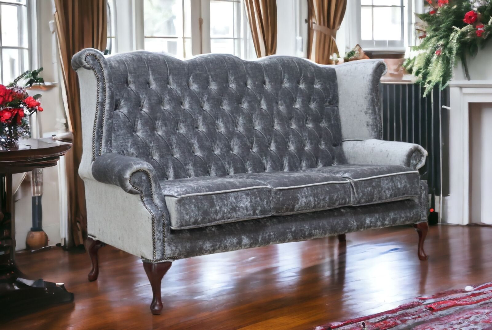 Product photograph of Chesterfield 3 Seater Queen Anne High Back Wing Sofa Chair Modena Pewter Grey Velvet from Designer Sofas 4U