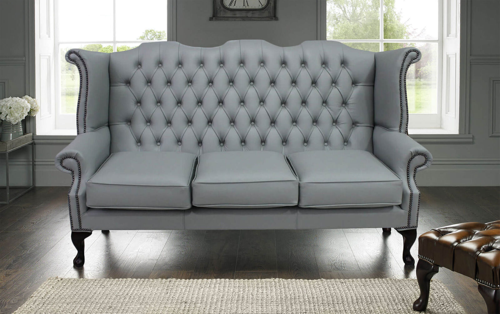 Product photograph of Chesterfield 3 Seater Queen Anne High Back Wing Sofa Moon Mist Grey Leather from Designer Sofas 4U