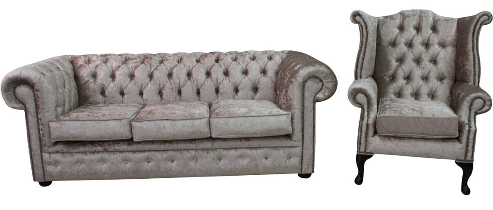 Product photograph of Chesterfield 3 Seater Settee Queen Anne Wing Chair Shimmer Mink Velvet Sofa Suite Offer from Designer Sofas 4U