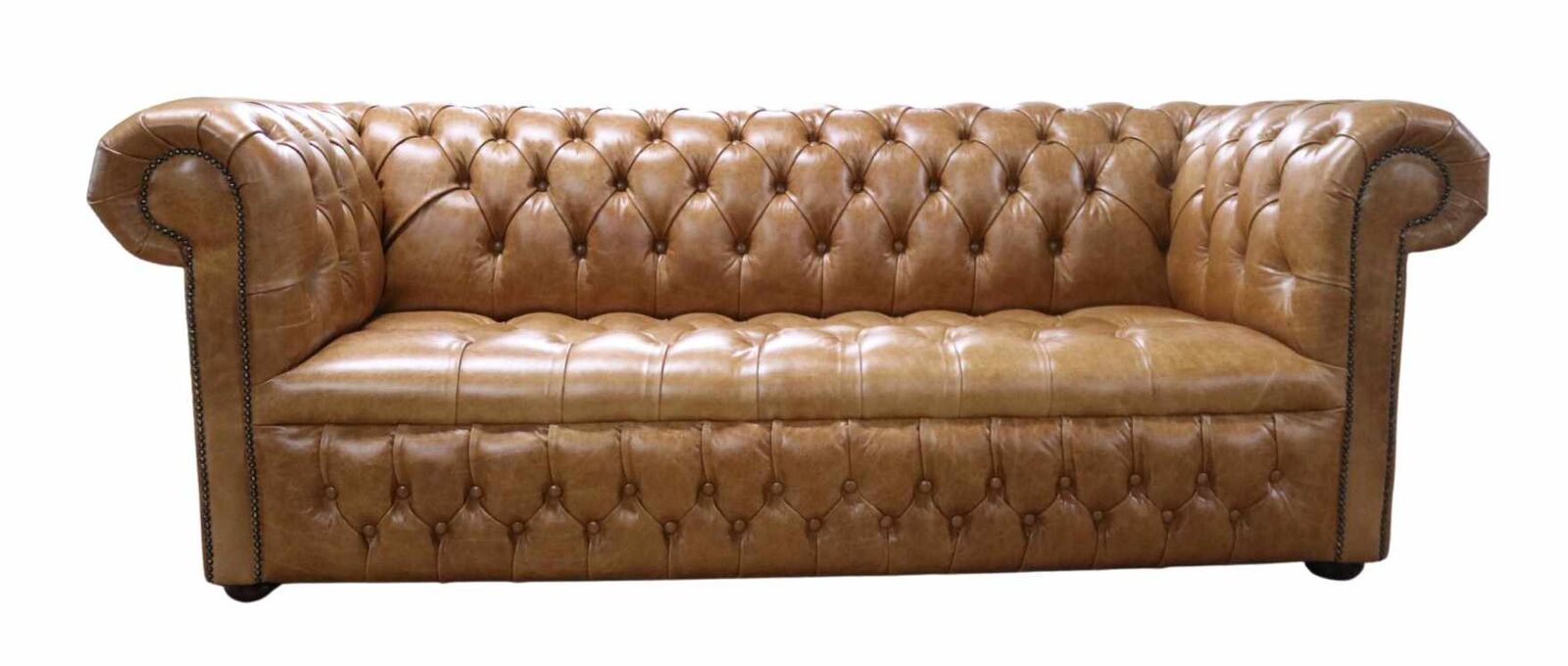 Product photograph of Chesterfield 3 Seater Settee Buttoned Seat Old English Tan Leather Sofa from Designer Sofas 4U