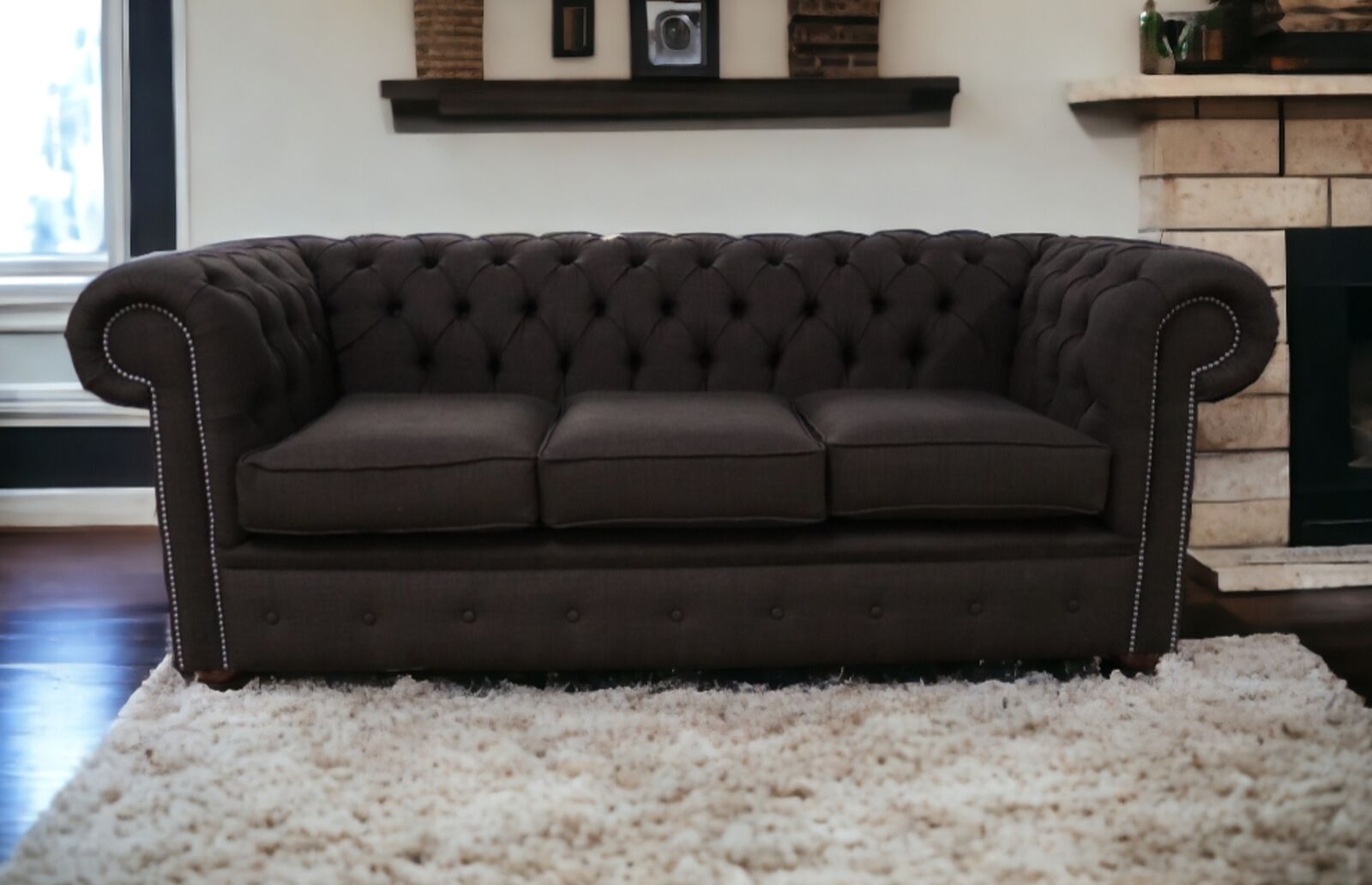 Product photograph of Chesterfield 3 Seater Settee Charles Linen Sandlewood Brown Sofa Offer from Designer Sofas 4U