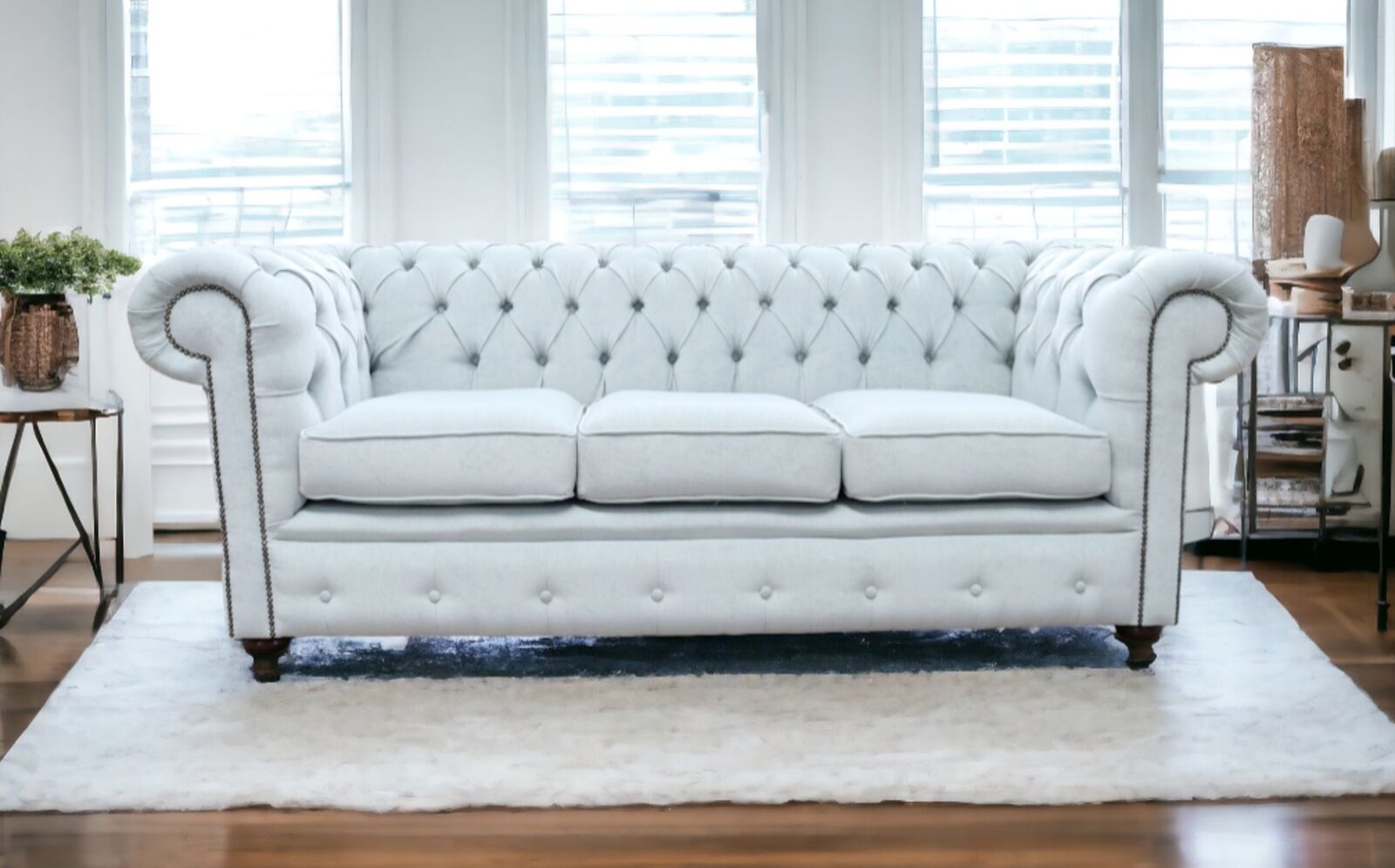 Product photograph of Chesterfield 3 Seater Settee Pimlico Duck Egg Blue Fabric Sofa Offer from Designer Sofas 4U