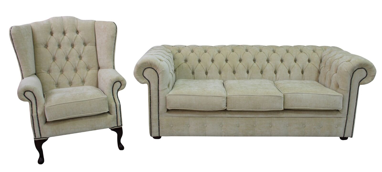 Product photograph of Chesterfield 3 Seater Mallory Wing Chair Velluto Chiffon Fabric Sofa Suite Offer from Designer Sofas 4U