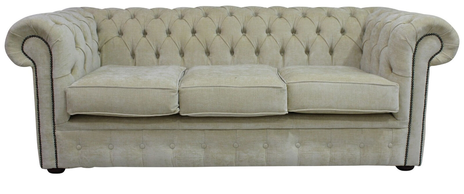 Product photograph of Chesterfield 3 Seater Settee Velluto Chiffon Beige Fabric Sofa Offer from Designer Sofas 4U