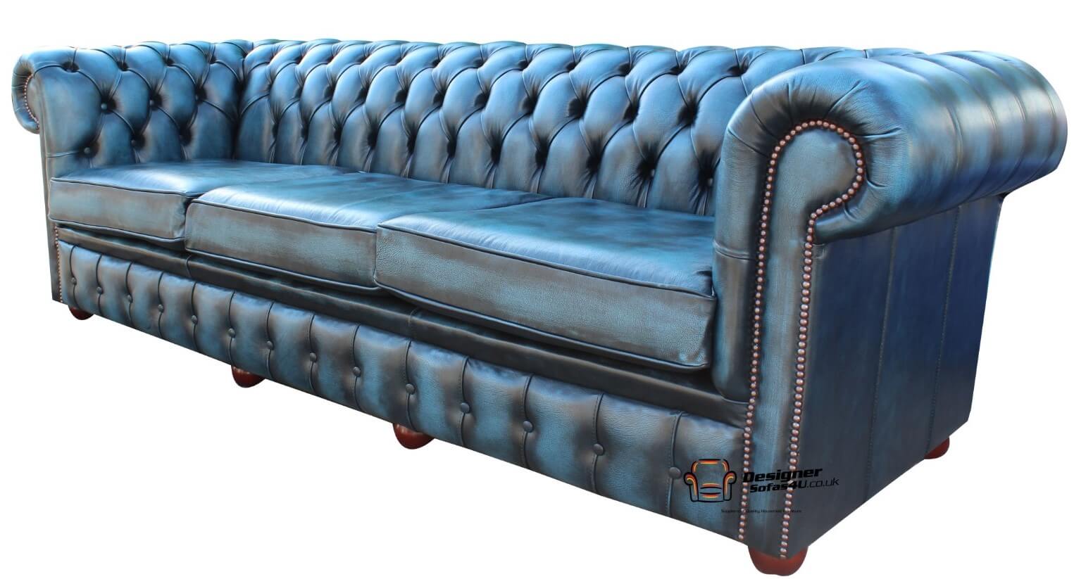 Chesterfield Real Leather 4 Seater Settee Antique Blue Leather Sofa Uk